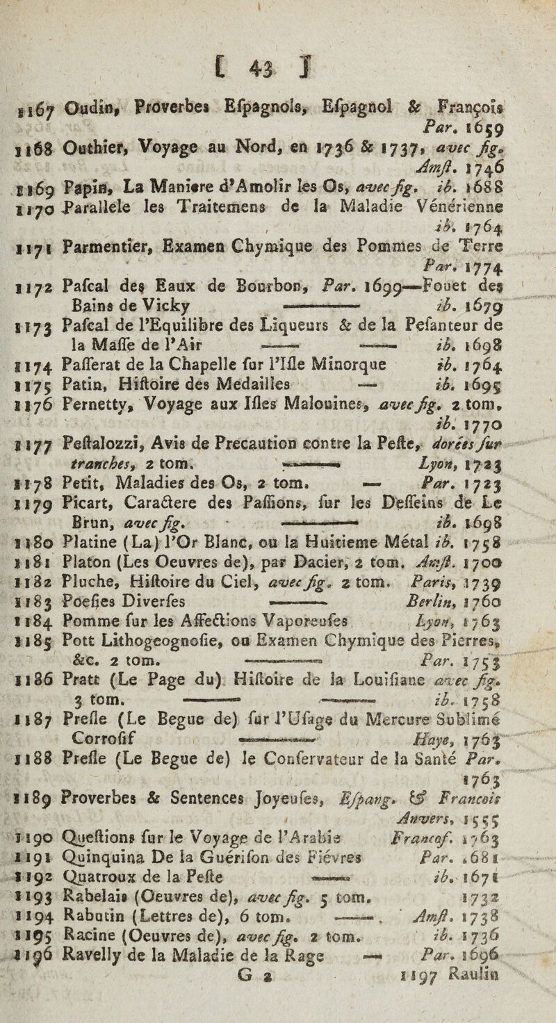 1167 Oudin, PfOverbes EfpagnoIs> Eipagnol & Fran^Ois Far, 1659 1168 Outhier, Voyage au Nord, en 1736 & I737> avec Jig, Amji, 1746 1169 Papin* La Manitre d’Amolir les Os, awe Jig, iS. 1688 1170 Pafallele les Traitemens dc la Maladie Venerienne 1764 1171 Parmentier, Examen Chymique des Pommes de Terre Par, 1774 1172 Pafeal de^ Eaux de Bourbon, Par. 1699—Fouet dea ‘ Bains de Vicky ... 2^^.1679 1173 Pafeal de PEquilibre des Liqueurs & de la Pefanteur de la Maffe de PAir —— 1698 1174 Paflerat de la Chapelle fur Pllle Minorque ii>, 1764 1175 Patin, Hiftoire des Medailles — IL 1695 1176 Pernetty, Voyage a ux files Malouines, aveejig, atom. ib. 1770 1177 Peftalozzi, Avis de Precaution contre la PeUe, dories fur tranches, 2 tom. ■- Lyon, 1723 1178 Petit, Maladies des Os, 2 tom. — Par, 1723 1179 Picart, Caradere des PaiSons, fur les DeiTeins de Lc Brun, a'vecfg, ' > ^ ib, 1698 n8o Platine (La) POr Blanc, ou la Huitieme Metal ib. 1758 1181 Platon (Les Oeuvres de), par Dacier, 2 tom. Jmji. 1700 1182 Pluche, Hiftoire du Ciel, awefg, atom, Paris, 1183 Poeiies Diverfes ... Berlin, 1760 1184 Pomme fur les AfFedions Vaporeufes Lyon, 1763 1185 Pott Lithogeognoiie, 00 Examen Chymique des Pierres, &c. 2 tom. Par, 1751 1186 Pratt (Le Page du) Hiftoire de la Louiiiane aa;ec fg* 3 tom. -— il,, 1187 Prefle (Le Begue de) furl’Ufagedu Mercure Sublime Corroftf —Bays, 1188 Preile (Le Begue de) le Confervatcur de la Sante Par, 1765 1189 Proverbes & Sentences Joyeufes, MJpang, £sf Francois I Anvers, s 5 5 5 1190 Queftions fur le Voyage de PArahie Franco/. 11763 1191 Quinquina De la Guerifon des Fievres Par, *68i 1192 Qpatroux de la Pefte «—« 1671 1193 Rabelais (Oeuvres de), aveefg, 5 tom. >732 1194 Rabutin (Lettres de), 6 tom. -——, Amjl, 1738 1195 Racine (Oeuvres de), aveejig, atom. ib. 1736 11^6 Ravelly de la Maladie de la Rage — Par, 5696 G a 2197 Rauliii