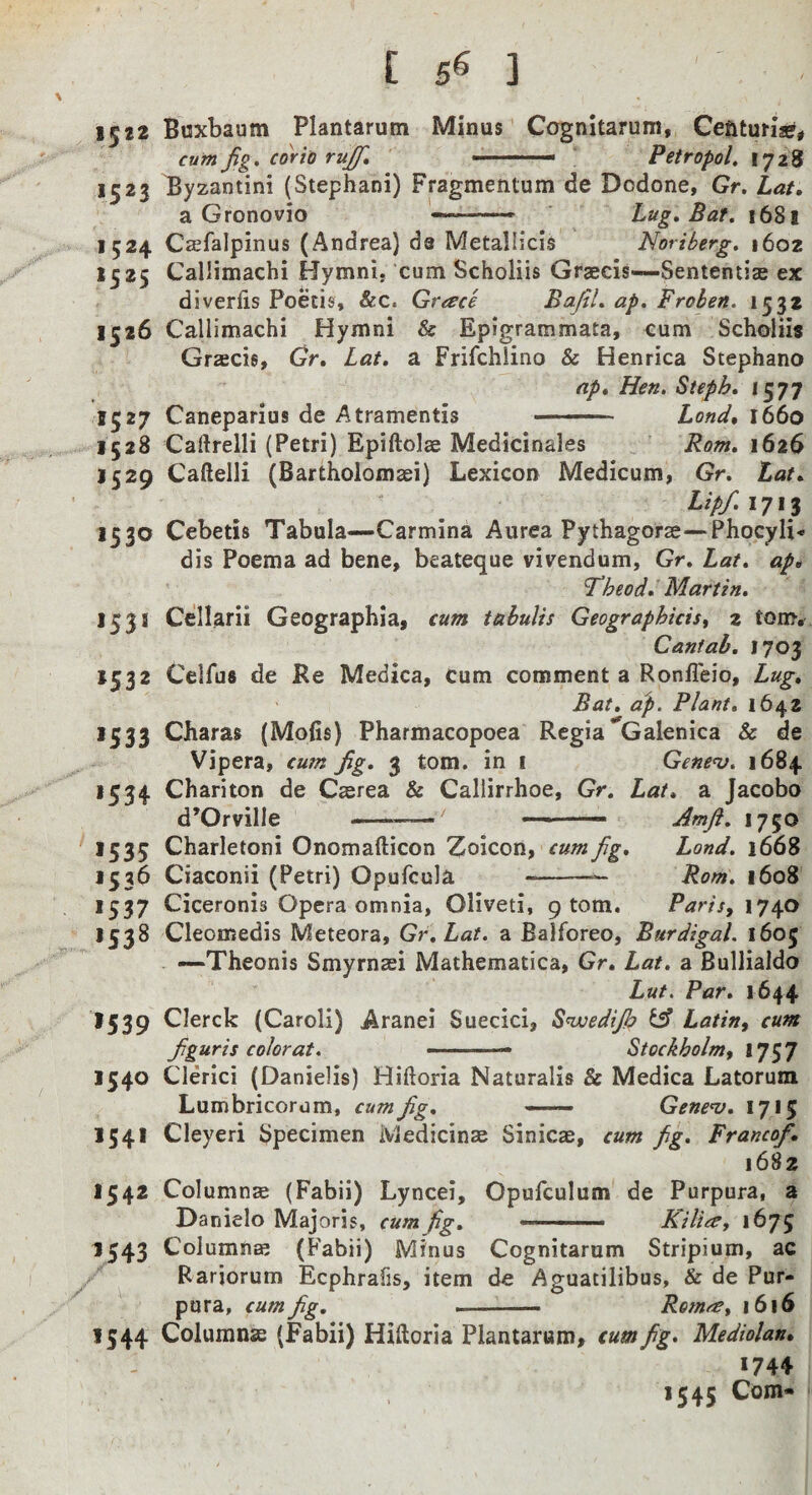 1522 Buxbaum Plantarum Minus Cognitarum, Cefituriae# cutn fig. cor it) rujfi. ■ ; Petropol. 1728 1523 Byzantini (Stephani) Fragmentum de Dodone, Gr, Lat, a Gronovio ——- Lug, Bat. 1681 1524 Csefalpinus (Andrea) da Metallicis Noriberg. 1602 1525 Callimachi Hymni. cum Scholiis Graecis—Sententise ex diverfis Poecis, &c. Grace Bafil. ap. Froben. 1532 1526 Callimachi Hymni & Epigrammata, cum Scholiis Graecis, Gr, Lat, a Frifchlino & Henrica Stephano ap. Hen, Steph, 1577 1527 Caneparius de Atramentis Lond, 1660 1528 Cadrelli (Petri) Epiftolse Medicinales Rom, 1626 1529 Caftelli (Bartholomaei) Lexicon Medicum, Gr, tat. Lip/, 1711 1530 Cebetis Tabula—Carmina Aurea Pythagorse—Phocyli* dis Poema ad bene, beateque vivendum, Gr, Lat, ap* l^heod, Martin, 153! Cellarii Geographia, cum tahulis Geographicis^ z tom^ Cantab, 1703 1532 Celfus de Re Medica, cum comment a Ronfleio, Lug, Bat, a'p. Plant, 1642 1533 Charas (Mods) Pharmacopoea Regia Galenica & de Vipera, cum fig, 3 tom. in i Gene<v. 1684 1534 Chariton de Cserea & Caliirrhoe, Gr. Lat, a Jacobo d’Orville „ —' ■ Amfi, 1750 1535 Charletoni Onomafticon Zoicon, cum fig. Land. 1668 1536 Ciaconii (Petri) Opufcula -- Rom. 1608 1537 Ciceronis Opera omnia, Oliveti, 9 tom. Paris, 17\o »S38 Cleomedis Meteora, Gr.Lat. a Balforeo, Burdigal. 1605 —Theonis Smyrnaei Mathematica, Gr, Lat. a Bullialdo Lut. Par, 1644 1539 Clerck (Carol!) Aranei Suecici, Snxsedijh Latin, cunt figuris color at. --- Stockholm, 17^7 1540 Clerici (Danielis) Hiftoria Naturalis & Medica Latorum Lumbricorum, cum fig, —— Gene'V, 1715 1541 Cleyeri Specimen ivledicinae Sinicae, cum fig. Franco/, 1682 1542 Columnae (Fabii) Lyncei, Opufculum de Purpura, a Danielo Majoris, cum fig, ■■■■ ■ ■ Kili^e, 1675 1543 Columnar (Fabii) Minus Cognitarum Stripium, ac Rarjorum Ecphrafis, item de Aguatilibus, & de Pur¬ pura, cum fig, . Romre, 1616 1544 Columnse (Fabii) Hiftoria Plantarum, cum fig. Mediolan, 1744 1545 Com- i
