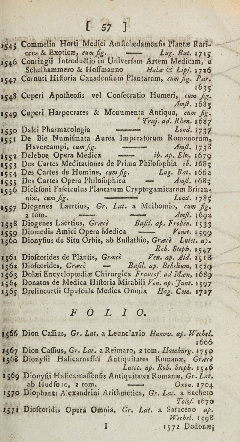 *545 Commelin Horti Medici Amllelsedamenfis Plactas Ran- ores & Exotics, cum Jig, —■— Lug, Bat, 1715 1546 Conringii Tntrodudio in Univerfam Artenji Medicam, a Schelhammero & HofFoianno Halce^ Lipf, 1726 *547 Cornuti Hiftoria Canadenfium Plantarum, cum Jig, Par, 1548 Cuperi Apotheolis vel Confecratlo Homeri, cum Jig, Amji, 1683 1549 Cuperi Harpocrates & Monumenta Antiqua, cum Jig, Traj, ad, Rhen, 1687 1550 Dalei Pharmacologia --- Lond, 1737 1551 De Ble Numifmata Aurea Imperatorum Roroanorum, Havercampi, cum Jig. AmJi, 173 3 1552 Deleboe, Opera Medica ■- ib* ap, El^, 1679 1353 Des Cartes Meditationes de Prima Philofophia ib. 1685 *554 Cartes de Homine, cum Jig, Lug, Bat, i66a *555 Des Cartes Opera Philofophica — Amji, 1356 Dickfoni Fafciculus Plantarum Cryptogamicarum Britan- nis, cum Jig, r^'^ Lond, 1783 *557 Diogenes Laertius, Gr, Lat, a Meibomio, cum Jig, 2 tom. Amji, i6gz 1338 Diogenes Laertius, Grtsce Bajil, ap, Froben. 1533 1539 Diomedis Amici Opera Medica - Venet. 1560 Dionyfius de Situ Orbis, ab Euftathio, Greece Lutet, apm Rob. Steph, 1547 1361 Diofcorides de Plantis, Grace Ven, ap. Aid, 1362 Diofcorides, Grace —• Bajil. ap, Bebeliumt 1529 1363 Doisei EncyclopcediaB Chirurgica Franco/, adMaut 1564 Donatus de Medica Hiftoria Mirabili Fen. ap, Junt, 1597 1565 Drelincurtii Opufcula Medica Omnia Hag. Com, 1727 FOLIO. 1566 Dion Caflius, Gr, Lat, a LeuncJavio Hanov. ap. Wcchel, i6o6 1567 Dion Caflius, Gr, Lat, a Reimaro, 2 tom. Hamburg. 175a 1568 Dionyfti HalicarnalTei Antiquitates Romanas, Grad Lutet, ap. Rob, Steph, 1546 1569 Dionyfti KalicarnafTenfis Antiquitates Romanae, Gr.Lat, ab Hudfoio, 2 tom. -—- Oxon, 1704 1570 Diophar ti Alexandrini Arithmetica, Gr. Lat, a Bacheto Folof, ityo 1571 Diofcoridis Opera Omnia, Gr, Lat, a Saraceno ap, Wechel, 1598 I *572 Dodonasi