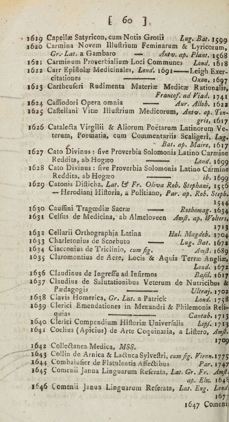 » 1619 Capellse SatyrIcon» cam Nods Grodi tug, Bat, 1599 1620 Carmina Novem Illuftrium Feminarum & Lyricorum, Gr.'Lat, a Gambaro^ Jntnj, ap. Plant, 1568 1621 Carminum Proverbialium Loci Communes ZW. 1618 1622 Carr Epiftol^ Medicinales, Lond, 4691—■■■ -Leigh Exer» citationes ^ ' Oxon^ *697 1623 Cartheuferi Rudimenta Materiae Medicae Radonaiis, Franco/, ad Viad, 1741 1624 Caffiodori Opera omnia — Aur, Allob, 1622 1625 Caftellani Vit£e IliuErium Medicorum, Antv, ap. Ton- gris, 1617 1626 Catalefla Virgilii & Aliorum Poetarum Ladnorum Ve^ terum, Poematia, cum Commentariis Scaligeri, Lug* Pat, ap, MairCi 1617 1627 Cato Divinus: five Proverbia Solomonis Latino Carmine Reddita, ab Hog^o .. Lend.\tg() 1628 Cato Divinus: five Proverbia Solomonis Latino Cairmine Reddita, ab Hogso -- 1699 1629-Catonis Didicha, Lat. & Fr, Oli^va Rob, Stephanie 15^ — Herodiani Hiftoria, a Politiano, Par, ap, Rob, Steph, 1544 163® Cauffini Xrageedis Saerse ■ —■ ■■■ Rothomag, 1634 1631 Celfus de Medicina, ab Almeloveen Amft, ap, PFolters* 1713 1632 Cellarii Orthographia Latina Hal. JVlagdeb, 1704 1633 Charletonius de Scorbuto — Lug, Pat, 1634 Ciacconius de Triclinio, * Am/l,\6%i) 1635 Clarornomius de Aere, Locis & Aquis Terras Anglic, Lend* 1672 1636 Ciaudinus de Ingrefiu ad Iniirmos Bafil, 1617 1637 Claudius de Salutationibus Veterum de Nutricihus & Paedagogis ' ' Ultraj, 1702 1638 Clavis Homerica, Gr, Lat. a Patrick Lend. 1758 1639 Llerici Emendaticnes in Menandri & Pbsiiemonis Reli* Cantab, 3640 Clerici Compendmm Hillcrias Univerfalis Lipf, 1713 1641 Coelius (Apicius) de Arte Coquinaria, a Liftero, Amji, J709 1042 Colledanea Medica, MB^S. ■^^1643 Col !lin de Arnica & LaiRucaSylveftrl, cum/g. Vienn,\’T]^ 1644 Combalulier de Flatulentis Affeflibus Par, 1747 3645 Comenii Janua Linguarum Reierata, Lat, Gr, Fr. Amji>^  .. ap. Elz, 164^ 1646 Comenii janua Linguarum Referata, Lat I Eng, Lond\ * 1673 1647 Comenii