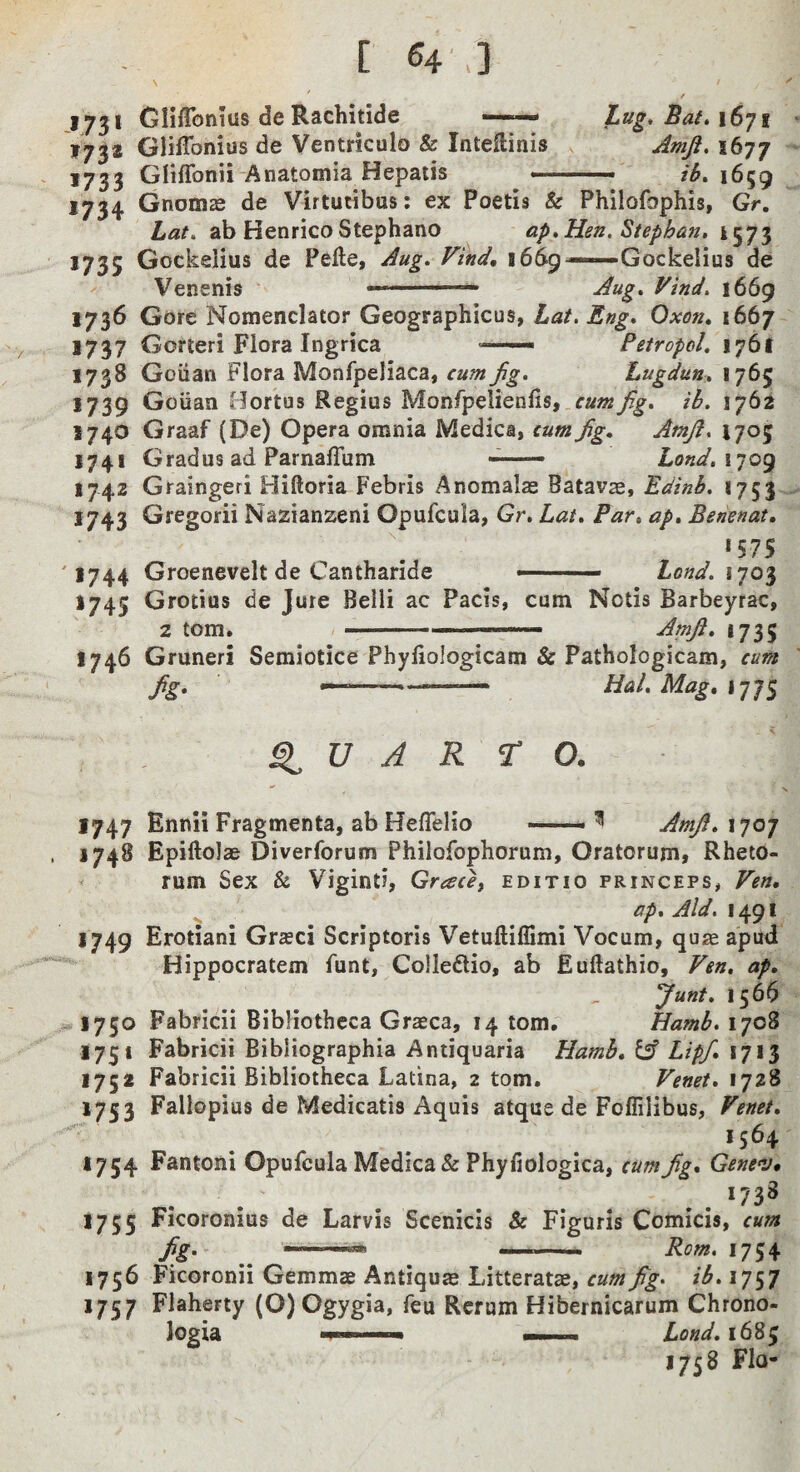 1751 GHATonius de Rachitide -- ■■■■ Lug,Bat»\6yi * 1732 GliiTonios de Ventriculo & Inteflinis Amji. 1677 - 1733 GlifTonii-Anatomia Hepatis ■ ■ ... 1659 *734 Gnomas de Virtutibus: ex Poetis & Philofophis, Gr. Lat, ab Henrico Stephano ap^Hen. Stephan, 1573 1735 Gockelius de Pefte, Aug. Find, 1669—-Gockelius de Venenis ■■ Aug. Find. 1669 1736 Gore Nomenclator Geographicus, hat. Eng. Oxon. 1667 1737 Gorteri Flora Ingrica — Petropol. 1761 1738 Goiian Flora Monfpeliaca, cum fig. Lugdun. 1765 1739 Gouan Bortus Regius MonfpelienfiSf cum fg. ib. 1762 1740 Graaf (De) Opera omnia Medica, cumfg. Amf. 1703 1741 Gradus ad ParnalTum — Lond.i’jo^ 1742 Grainger! Hiftoria Febris Anomalae Batavse, Edinb. 1753 - 1743 Gregorii Nazianzeni Opufcula, Gr. Lat. Far. ap. Benenat, *575 '1744 Groenevelt de Cantharide —. tond. 1745 Grotius de Jure Belli ac Pacis, cum Notis Barbeyrac, 2 tom. ' ■' ..—i Amf. 1735 1746 Gruneri Semiotice Phyliologicam & Pathologicam, cum fg. —-- Hal.Mag.i-jj^ QUARTO. 1747 Ennii Fragmenta, ab Heffelio -—■ ^ Amf.xToj , 1748 Epiftolae Diverforum Philofophorum, Oratorum, Rheto- - rum Sex & Viginti, Greece, editio princeps, Fen. ^ ap. Aid. 1491 1749 Erotiani Grasci Scriptoris Vetuftiffimi Vocum, quae aptrd Hippocratem funt, Colledlio, ab Euftathio, Fen. ap. Junt. 15 65 1750 Fabricii Bibliotheca Graeca, 14 tom. Hamb. 1708 1751 Fabricii Bibliographia Antiquaria Hamb. lA Lipf. *713 1752 Fabricii Bibliotheca Latina, 2 tom. Fenet. 1728 1753 Fallopius de Medicatis Aquis atque de Foliilibus, Fenet. 1564 1754 Fantoni Opufcula Medica & Phyfiologica, cumfg. Genev. 1755 F*coronius de Larvis Scenicis & Figuris Comicis, cum fg, -- —_ — Rom. 1754 1756 Fkoronii Gemmae Antiquas Litteratae, ib.iy^j 1757 Flaherty (O) Ogygia, feu Rcrum Hibernicarum Chrono- logia ■ I .. ZW. 1683 1758 Flo-