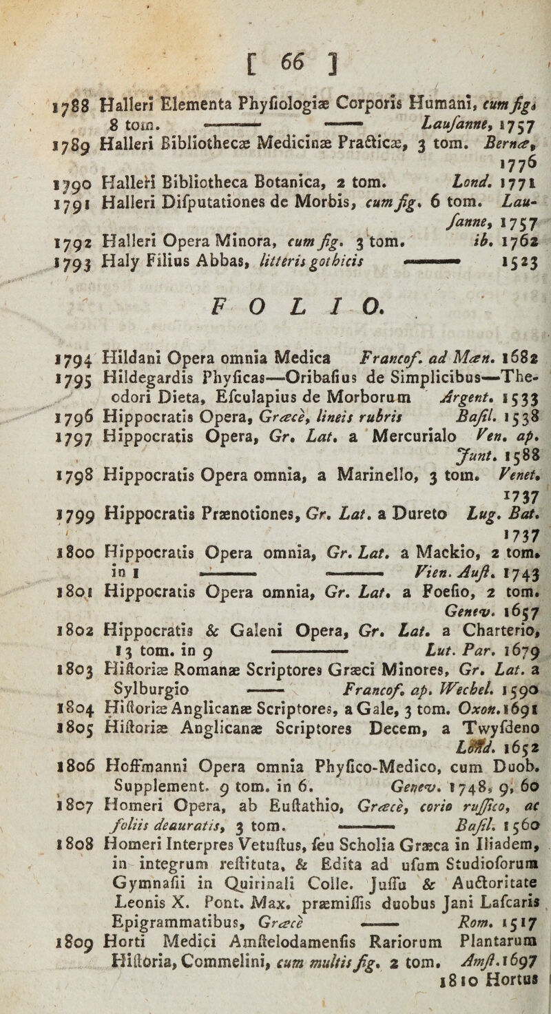 I . [ 66 ] 1788 Halleri Elementa Phyfiologiae Corporis Huraani, cumjigi 8 tom. ■ —- Laufanney 1757 1789 Halleri Bibliothecse Medicinas Praftics, 3 tom. Bernay 1776 1790 HalleH Bibliotheca Botanica, 2 tom. Land. 1771 1791 Halleri Difputationes dc Morbis, cumjigi 6 tom. Lau‘ ^ 1757 1792 Halleri Opera Minora, cum Jig, 3 tom.' ib, 1^62 1793 Haly Filios Abbas, litteris gothicis < ' ■ *5*3 / FOLIO. 1794 Hildani Opera omnia Medica Franco/, ad Man. 1682 *795 Hildegardis Phylicas—Oribaiius de Simplicibus—The- odori Dieta, Efculapius de Morborum Argent. 1533 1796 Hippocratis Opera, Grace\ lineis rubris Bajil. 1538 1797 Hippocratis Opera, Gr. hat. a Mercurialo Ven. ap. /unt. 1588 1798 Hippocratis Opera omnia, a Marinello, 3 tom. Venet. 1737 1799 Hippocratis Praenotiones, Gr. Lat, a Dureto Lug, Bat. ' . . . *737 1800 Hippocratis Opera omnia, Gr.Lat, a Mackio, atom* ini ■ Vien. Auji. 180J Hippocratis Opera omnia, Gr. Lat. a Foefio, 2 tom. Gene'v, 1657 1802 Hippocratis & Galeni Opera, Gr. Lat. a Charterio, 13 tom. in 9 ■ ■ ■ ■■■• Lut. Par. 1679 1803 Hiftorise Romanae Scriptores Graeci Minores, Gr. Lat. a Sylburgio - Franco/, ap. Weehel. i<ygo 1804 Hi(lorias Anglicans Scriptores, a Gale, 3 tom. Oxon.ihgi 1805 Hiiloris Anglicans Scriptores Decern, a Twyfdeno L99fd, 1652 1806 HolFmanni Opera omnia Phyfico-Medico, cum Duob. Supplement. 9 tom. in 6. 1748, 9, 60 1807 Homeri Opera, ab Euftathio, Grace, corie rujjtco, ac /oliis deauratis, 3 tom. ■■ ■■ ■— Ba/l, 1560 1808 Homeri Interpres Vetudus, feu Scholia Grsca in lliadem, in integrum redituta, & Edita ad ufum Studioforum Gymnafii in Quirinali Coile. Juffu & Auftoritate Leonis X. Pont. Max. prsmidis duobus Jani Lafearis Epigrammatibus, Grace — Rom. 1517 1809 Horti Medipi Amdelodamenfis Rariorum Plantarum Hilloria, Commelini, cum multisfg. 2 tom. Am/,\6g’j 1810 Hortus I
