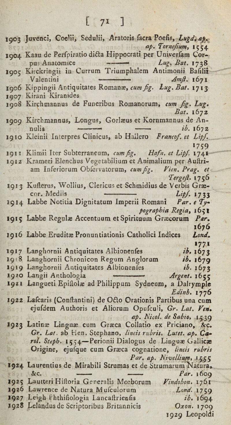 ' / 1903 Juvenci, Coe^ii, Sedulii, Aratoris facra Poefis, ap» ^ornejiunii 15 54 1904 Kaau de Perfpiratio difta Hippocrati per Univerfam Cor¬ pus Anatomice — Lug, Bat. 1905 Kirckringil in Currum Triumphalem Antimonii Bafilii Valentini ..—... Amji. 1671 1906 K'ppingii Antiquitates Romanse, cum Jig. Lug. Bat. 1713- 1907 Kirani Kiranides 1908 Kirchmannus de Funeribus Romanorum, cum jig. Lug, Bat. 1672 1909 Kirchmannas, Longus, Gorlasus et Kornmannus de An- nulis *-——— —— ih. 1672 1910 Kleinii Interpres Clinicus, ab Hailero Vrancof.et Lipf.,^ 1759 1911 Klimii Iter Subterraneum, cum fig, Hafn. et Lip/. 1741 ' 1912 Krameri Elenchus Vegetabiiium et Animalium per Auftri- am Inferiorum Obrervatorum, cum Jig. P'ien. Brag, ct Bergeji, 1756 1913 Kufterus, Wollius, Clericus et Schmidius de Verbis Grae- cor. Mediis - LipJ. 1733 1914 Labbe Notitia Dignitatum Imperii Romani Par. e Ty* pographia RegiUf 1631 1915 Labbe Regulae Accentaum etSpirituum Grscorum Par, 1676 1916 Labbe Eruditae Pronuntiationis Catholici Indices Bond, , *771 1917 Langbornii Antiquitates Albionenfes zh, 1673 1958 Langhornii Chronicon Regum Anglorum 1679 1919 Langhornii Antiquitates Albionenfes ib, 1673 1920 Langii Anthologia —-Argent, 1655 1921 Langueti Epiilolae ad Philippum Sydneum, a Dalrymple Edinb, 1776 1922 Lafcaris (Conftantini) de Odo Crationis Partibus una cum ejufdem Authoris et Aliorum Opufculi, Gr. Lat. Ven, ap, Nicol, de Sabio, ^1.339 1923 Latins Lingus cum Graeca Collatio ex Priciano, Sec, Gr. Lat. ab Hen. Stephano, lineis ruhris, Lutet. ap, Ca» rol. Steph. 1554—Perionii Dialogus de Linguas Galiicae Origine, ejufque cum Graeca cognatione, lineis rubris Par, ap. Lii^elliuput 1924 Laurentius de Mirabili Strumas et de Strumarum Kaiturai^ &c. — — - Par. 1609 1925 Lautteri Hiftoria Gereralis Morborum Vindobon, 1761 1926 Lawrence de Natura Mufeuiorum Land. 1759 1927 Leigh Phthifiologia Lancailrienfis ib, 1694 1928 Lelandusde Scriptoribus Britannicis Oxon. 1709 1929 Leopold!