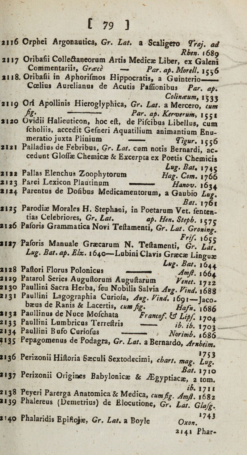 V f 79 ] 2116 Crphei Argonautica, Gr. tau a Scaligcro Traj, a4 * Rhen> 1689 2117 Onbafii Colledaneorain Artis Medicae Liber, ex Galcni Commentariis, ^ Par. ap. Morell. \c^S 2118« Oribafii in Aphorifmos Hippocratis, a Guinterio-—. Cceliua Aurelianus de Acutis Paffionibus Par. ap. Colimeumf I tat 2119 Oil Apollinis Hieroglyphica, Gr. Lat. a Mercero, turn fiz* ~ Pap, Kerfoerum^ * 5 51 2120 Ovidii Halieuticon, hoc eft, de Pifcibus Libellus, cum fcholiis, accedit Gefneri Aquatilium animantium Enu- meratio juxta Plinium — Tigur. \ec6 2121 Palladius de Febribos, Gr. lat. cum notis Bernardi, ac- cedunt GlofTae Chemicae & Excerpta ex Poetis Chemicis _ , Lug. Bau 174c 2122 Pallas Elenchus Zoophytorum Hag. Cm. 1766 2123 Parei Lexicon Plautinum —-Hano<v. 16 2124 Parentus de Dofibus Medicamentorum, a Gaubio Lug. Bat. 1761 2125 Parodi^ Morales H. Stephani, in Poetarum Vet. fenten- tias Celebriores, Gr. Lat. ap. Hen. Stepb. i eye 2126 Paforis Granvmatica Novi Teftamenti, Gr. Lat. Groning. 2127 Paforis Manuale Graecarum N. Teftamenti,'lL^^ Lug. Bat.ap. Elx, 1640—-LubiniClavis Graec* Lingua 2128 Paftori Floras PolonicHs ■, , ^ 2129 Patarol Series Auguftorum Auguftarum 'Venet. 1722 2130 Paullini Sacra Herba, fen Nobilis Salvia Aug. Find, 1688 2131 Paullini Lagographia Curiofa, Aug. Find. 1691—Jaco- baeus de Ranis & Lacertis, cum fig. Hafn 2132 Paullinus de Nuce Mofehata Framof. lA Lip? 170^ 2133 Paullini Lumbricus Terreftris -if,, T lilt 2134 Paullini Bufo Curiofus - , Norimb. 1686 ^135 Pepagomenus de Podagra, Gr. Lat. a Bernardo, Arnbeim’ 2136 Perizonii Hiftoria Sfficuli Sextodecimi, chart, mag. 2137 Perizonii Origines Babylonicae & -^gyptiac^^Vtom? 2138 Peyeri Parerga Anatomica & Medica, cumfig. Amft. 1*682 2139 Phalereus (Demetrius) de Elocuiione, Gr. Lat. Glafg. 2140 Phalaridis EplftoJje, Gr, Lat. a Boyle Oxon.^^^^ 2141 Fhar-