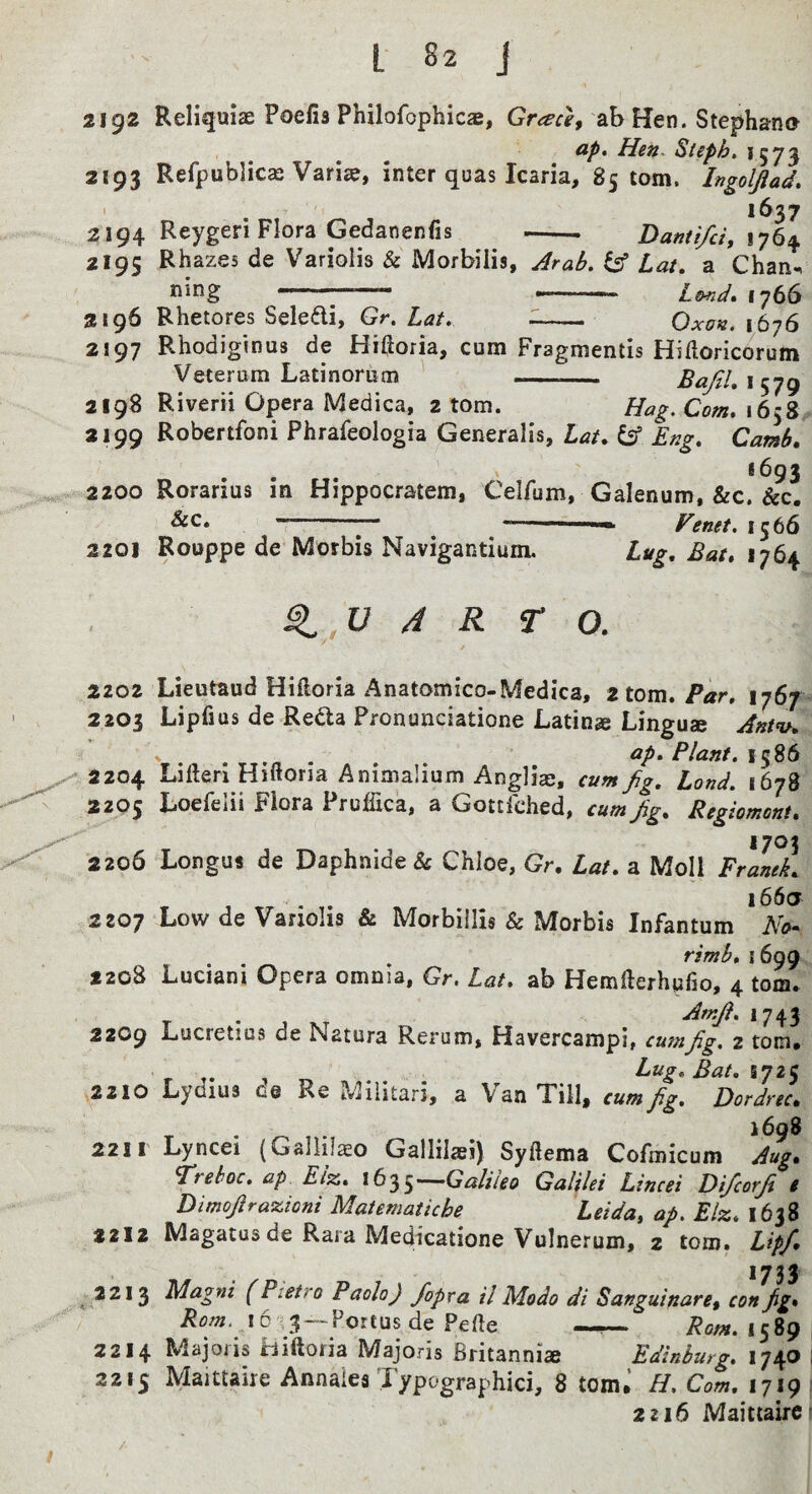 2192 Reliquiae Poefis Philofophicae, Gr<ece, abHen. Stephano (ip* Hen. Steph, *573 2193 Refpublicae Variae, inter quas Icaria, 8510111. Ingoljiad, 1637 2194 Reygeri Flora Gedanenfis -- Danti/d, 1764 2195 Rhazes de Variolis & Morbilis, Arab. ^ Lat. a Chan^ ning ... Lmd* 1766 2196 Rhetores Seledi, Gr. Lat. -- Oxok. 1676 2197 Rhodiginus de Hiftoria, cum Fragmentis Hidoricorum Veterum Latinorum —_ 2198 Riverii Opera Medica, atom. Hag. Com* 2199 Robertfoni Phrafeologia Generalis, Lat* & Eng. Camb, 1693 2200 Rorarius in Hippocratem, Celfum, Galenum, &c. 8cc. &c. ■ Venet. 1566 2201 Rouppe de Morbis Navigantium. Lug. Bat. 1764 ^,V A R T O. / 2202 Lieutaud Hiiloria Anatomico-Medica, 2 tom. Par. 1767 2203 Lipfius de Redla Pronunciatione Latinge Linguae Ant^K . , ap. Plant. I^^6 2204 Lifleri Hiftona Animalium Angliae, cum fig. Land. 1678 2205 Loefelii Flora Pruffica, a Gottfched, cum fig. Regiomont, 2206 Longus de Daphnide & Chloe, Gr. Lat. a Moll Franek. 166a 2207 Low de Variolis & Morbillis & Morbis Infantum No- rimb. 1699 *2o8 Luciani Opera omnia, Gr. Lat. ab Hemfterhnfio, 4 tom. . Atnfi. 1743 2209 Lucretius de Natura Rerum, HavercampI, cumfig. 2 tom, r t. 4 Lug.Bat.ijz^ aaio Lydius oe Re Militarj, a Van Till, cumfig. Dordnc, 1698 2211 Lyncei (GalUlaeo Gallilaei) Sydema Cofmicum Aug. ^reboc. ap. Elz. Galileo Galilei Lined Dificorfi e Dimofirazioni Matematiche Leida. ap. Elz. 1638 2212 Magatusde Rara Medicatione Vulnerum, 2 tom. Lip/. 1733 (Pietro Paolo) /opra it Modo di Sanguinare^ con fig. Rom. 16 »3--Portus de Pede Rom. 1589 2214 Majoiis hiftofia Majoris Britannia Edinburg. 1740 2215 Maittaire Annaiea Typographici, 8 tom.’ H. Com, 1719 2216 Maittaire