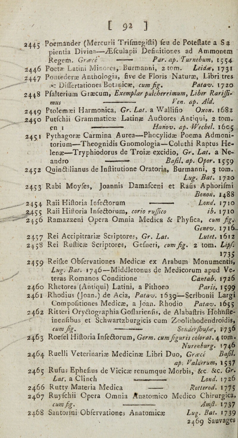 2445 Poemander (Mercurii Trirmsgifti) feu de Poteftate a S$ pientia Divina—^fculapii Defiiiitiones ad Ammonem ' Regem. Grace — Par. ap. Turnehum^ 15 54. 2446 Poeta: Latini Minores, Burmanni, 2 tom. Leidat 2447 Ponteder^e Anthologia, five de Floris Naturae, Libri tres ike Difiertationes Botanicae, cum fig, Pata^v. 1720 244.8 Pfalterium Graecum', Exemplarpulcherrimum^ Liber Rarijfi- tnus , ., n. Len, ap. Aid. 244.9 Ptolemsei Harmonica, Gr. Lat. a Wallifio Oxon. 1682 2450 Putfchii Grammatics Latins Audores Antiqui, 2 torn* pn I ^ Hanon}, ap. Wechel. 1605 2451 Pythagors Carmina A urea—Phocyiids Poema Admoni- torium—Theognidis Gnomologia—Coluthi Raptus He- ‘ lens—Tryphiodorus de Trois excidio, Gr, Lat, a Ne- andro BaJiUap. Opor, 1559 2452 Quindilianus de Inftitutione Oratoria, Burmanni, 3 tom. Lug. Bat, 1720 24.1: ^ Rabi Moyfes, loannis Damafceni et Rafis Aphorifmi t , Bcnon, 1488 ^2454 Raii Hifioria Infedorum — .- • Land. 1710 . MS5 Raii Hiftoria Infedorum, corio rujfico ib, 1710 ^^*2456 Ramazzeni Opera Omnia Medica & Phyfica, cum fig,\ Geneu. 1716^ 2457 Rei Accipitraris Scriptore®, Gr, Lat. Luiet, 1612 4 24 58 Rei Rallies Scriptores, Gefneri, cum fig, 2 tom. Lip/-. ' . *735 2459 Reilke Obfervationes Modics ex Arabum Monumentis, Lug. Bat. 1746—Middletonus de Medicorum apud Ve- teras Romanos Conditione Cantab, 1726 2460 Rhetores (Antiqui) Latini, a Pithoeo Parity 1599 2461 Rhodius (Joan.) de Acia, Pata-v. 1639^—Scribonii Largi Compofitiones Medics, a Joan. Rhodio Patanj, 1655 2462 Ritteri OrydographiaGoflarienfis, de Alabaftris Hohnfte- - ^ inenfibus et Schwartzburgicis cum Zoolithodendroidis, cum fig. ■ -.. Scndeirjhuja, 1736 2463 Roefel Hiftoria Infedorum, Germ, cum figurts color at, 4 tom. Nurenburg, 174^ 2464 Ruelli Veterinaris Medicins Libri Duo, Grace Bafil. ap, Valderumy 1537 2465 Rufus Ephefius de Vicics renumque Morbis, &c &c. Gr, Lat. a Clinch - Lond. I 726 2466 Rutty Materia Medica - Rotterod. 1775 2467 Ruyfehii Opera Omnia Anatomico Medico Chirurgica, cum fig. --- Amji> 1737 2468 Santorini Obfervationes Anatomies Lug, Bat. 1739 . 2469 Sauvages