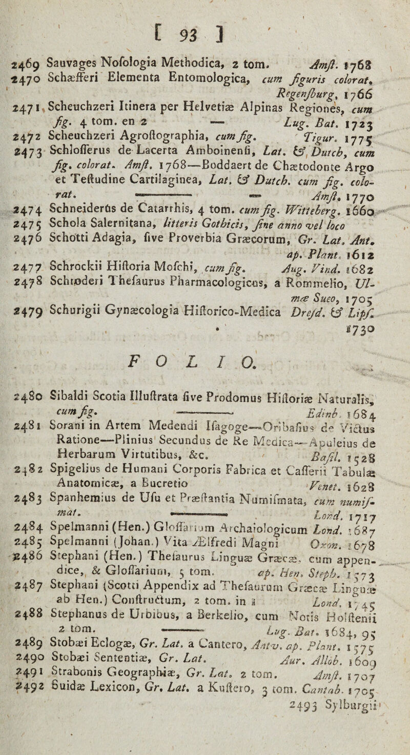 2469 Sauvages Nofologia Methodica, atom. Amfi. *470 Scha^fferi Elementa Entomologica, cum fguris colorat^ Regenjhurgt 1766 247IV Scheuchzeri Itinera per Helvetiae Alpinas Regiones, cum - fg. 4 tom. en 2 But. 1723 2472 Scheuchzeri Agroftographia, cum Jig, ' Tigur, 1775 2473 Schloflerus de Lacerta Amboinenli, Lat, Dutch, cum Jig, color at, Amji. 176%—Boddaert de ChcEtodonte Argo et Teftudine Cartilaginea, Lat. & Dutch, cum Jig. colo- rat, ™. AmJl, 1770 2474 SchneiderCis de Catarrhis, 4 tom. cum Jig. Witieberg, 1660,^*^'’’*''' 2475 Schola Salernitandy littcris Gothicts, Jine anno ojel loco 2476 Schotti Adagia, five Proverbia Grascorum, Gr, Lat, Ant, ' ap. Plant. 1612 2477 Schrockii Hiftoria Mofchi, cum fg. Jug. Find. 1682 2478 Schtoderi Thefaurus Pharmacologicos, a Rommelio, UD mre Sueo, 1705 2479 Schurigii Gynsecoiogia Hiilorico-Medica Drejd. ^ Lip/,.. 2730 FOLIO, 2480 2481 2482 2483 2484 2485 ^2486 2487 248S 2489 2490 2491 ?492 Sibaldi Scotia Illuflrata five Prodomus Hiilorige Natural!^, cnmfg, --- Edinb. 1684 Sorani in Artem Medendi Ifagoge—Orlbafius Viaus Ratione—Piinius'Secundus de Re Mcdica—Apaleius de Herbarum Virtutibus, &c. ' Bafl, ii^zU Spigeiius de Humani Corporis Fabrica et Cafferii Tabulse Anatornic^E, a Bucretio 5523 Spanhemius de Ufu et Praeftantia Numifmataj cum numif ^ - Land. 1717 Speltnanni (Hen.) Gloffan jm Archaiologicum Lond. ',687 Spelmanni (Johan.) Vita yElfredi Magni O^on. Stephani (Hen.) Theiaurus Linguae Grjecae, cum appen-^ dice,^ & GlofTariuni, 5 tom. ap, Ben. Steph. 1^7^' Stephani (Scotti Appendix ad Thefaurum Graecje Lingni ab Hen.) Conftrudum, 2 tom. in ii Lond. Stephanas de Uibibus, a Berkelio, cum Notis HoIiVenii ^ , i^jjg Eat, 5684, 93 Stobaji Eclogae, Gr. Lat. a Cantero, Ant v, ap. Plant, i 37 c Stobaei Sententis, Gr. Lat. Jur. Jlloh. 1600 Strabonis Geograpbia:, Gr. Lat, 2 tom. Jmf. 1707 6uid^ Lexicon, Gr, Lat, a KuHero, 3 tom. Gantnh. 1703 2493 Sylburgii'