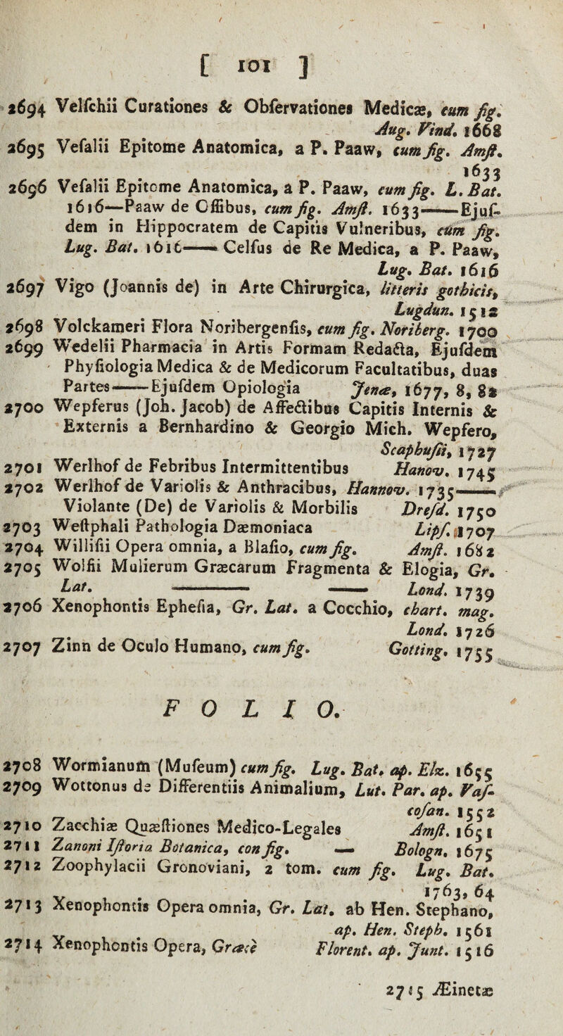! *694 *695 2696 *697 2698 2699 *700 2701 2702 2703 2704 2705 2706 2707 [ loi ] Velfchii Curationes & Obfervationes Medicse, turn Jig, Aug, Vind, 1668 Vefalii Epitome Anatomica, a P. Paaw, turn fg, Amji, 1633 Vefalii Epitome Anatomica, a P. Paaw, cum Jig, L.Bat, 1616—Paaw de OfEbus, cum Jig. AmJi, 1633-Ejuf. dem in Hippocratem de Capitis Vulneribus, cUm Jig, Lug. Bat, »6it—Celfus de Re Medica, a P. Paaw, Lug, Bat, 1616 Vigo (Joannis de) in Arte Chirurgica, litteris gothkist Lugdun, 151 s Volckameri Flora Noribergenlis, cum fig, Noriberg. 1709 Wcdelii Pharmacia in Artis Formam Redada, Ejufdem Phyfiologia Medica & de Medicorum Facultatibus, duas Partes--Ejufdem Opiolog'ia Jcn€e, 1677, 8, 8t Wepferus (Job. Jacob) de AfFedibos Capitis Internis & Externis a Bernhardino & Georgio Mich. Wepfero, Scaphujtiy 1727 Werlhof de Febribus Intermittentibus Hanov, 1749 Werlhof de Variolis & Anthracibos, Hannov. / Violante (De) de Variolis & Morbilis Dre/d. 1750 Weftphali Pathologia Daemoniaca Lip/.^ijoy Willifii Opera omnia, a Blafio, cum fig, AmJi. 1682 Wolfii Mulierum Graecarum Fragmenta & Elogia, Gr, Lat, ^ .. — ■■ Lond. 1739 Xenophontis Ephefia, Gr, Lat, a Cocchio, chart, mag, Lond, 1726 Zinn de Oculo Humane, cum fig, Gotting, 1735 FOLIO. 2708 2709 2710 2711 2712 2713 2714 Wormianurn (Mufeum) cum fig. Lug, Bat, op. Eh, 1655 Wottonus de Differentiis Animalium, Lut, Par, ap, Vafi, cofan. 1552 Zacchias Quasftiones Medjco-Legales AmJi. 1651 ZanontIfiortaBotanica,conJig, — Bologn, Zoophylacii Gronoviani, 2 tom. cum fig. Lug, Bat. V 1 • ' *7^3» ^4 Xenophontis Opera omnia, Gr, Lat, ab Hen. Stephano, ap. Hen, Steph, 1561 Xenophontis Opera, Graic Florent, ap. Junt. 1516 2715 iEinetae