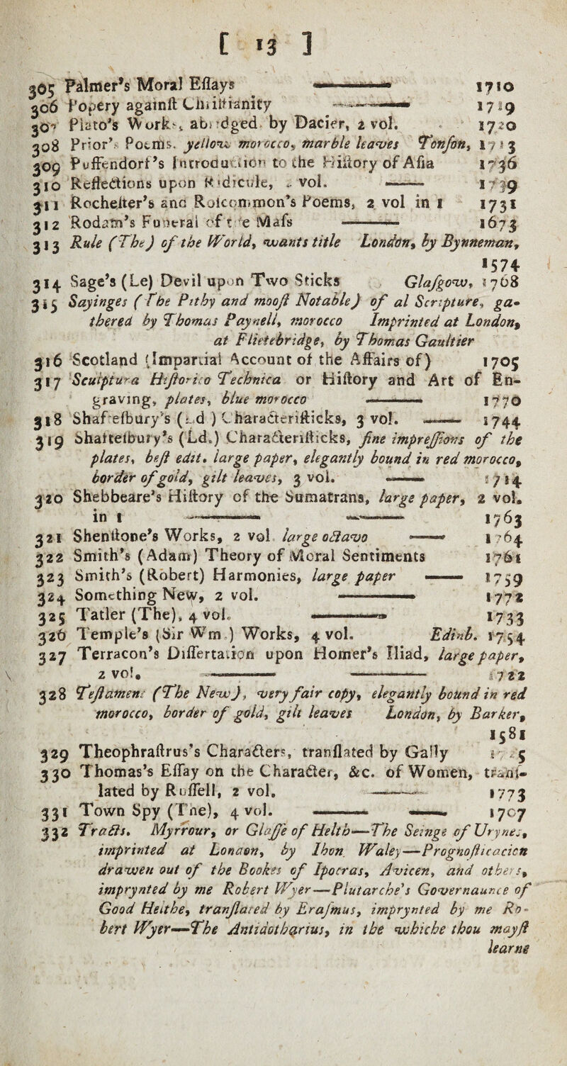 1710 1729 17*0 *7*3 1-^36 i 19 *73* ,6?S 305 Palmer’s Mora! Eflays — ■■ ■ ■ — 306 Popery againft Cliiittfenity ■ »— 30*» Piato’s Work'4 abirdged by Dacier, 2 vol. ^08 Prior’.1 Poems. yellow, morocco, marble haves TonfoUi 309 Pvffendorf’s fncrodutUdti to the Kiitory of Afia 310 Reflections upon Ridicule, *. voi. ——— 311 Rocheiter’s snc Roiccmmen’s Poems* 2 vol in 1 312 Rodim’s Funeral of t e iViafs *■■■■ ■ 313 Rule (The) of the World, wants title London, by By nneman, ^ >574 314 Sage’s (Le) Devil upon Two Sticks Glafgovo% 1768 315 Sayinges (The Pithy and moojl Notable) of al Scripture, £<z« t her eel by Thomas Payneli, morocco Imprinted at London^ at Flietebrtdge, by Thomas Gaultier 316 Scotland (Impartial Account of the Affairs of) 1705 317 Seuiptura Htfiorico Technica or Hiftory and Art of En¬ graving, plates, blue morocco -- 1770 318 Shaf efbury's (^d ) Charactc'riftlcks, 3 vol. —— 1744 319 Shattefbury’s (Ld„) CharaCterifticks, fine imprejf.cns of the plates, befi edit. large paper, elegantly bound in red morocco, 2734 2 vol. >76$ 1 764 1761 *759 1772 17 3 3 border of gold, gilt leaves, 3 vol. 320 Shebbeare’s Hillary cf the Sumatrans, large paper, in 1 —— 321 Shentione’s Works, 2 vol large 0£1 avo —* 322 Smith’s (Adam) Theory of Moral Sentiments 323 Smith’s (Robert) Harmonies, large paper ——— 324 Something Nevy, 2 vol. . 325 Tatler (The). 4 vol., —-— 326 Temple’s (Sir Wm ) Works, 4 vol. Edbtb. 1754 327 Terracon’s Differtaiion upon Homer’s Iliad, large paper, 2 VOl. —*-- --3 7 22 328 Tefi amens (The New), very fair copy, elegantly bound in red morocco, border of gold, gilt leaves London, by Barker, 1581 329 Theophraflrus's Characters, translated by Gaily r 5 330 Thomas’s Effay on the Character, &c. of Women, tref¬ lated by Ruflefl, 2 vol, ——<*■» *>'73 331 Town Spy (Tne), 4 vol. -— ——-. *707 332 Traits, Myrrour, or Glafi'e of Helth—-The Seinge of XJrynes, imprinted at Lona&n, by Ihon Waley—Prognofticacicn dravoen out of the Bcokes of Ipocras, Avicen, and others, imprynted by me Robert Wver—Blutarche's Governaunce of Good Heithe, tranjlared by Erajmus, imprynted by me Ro¬ bert Wyer—The Antiaotharms, in the vshiche thou may ft learne