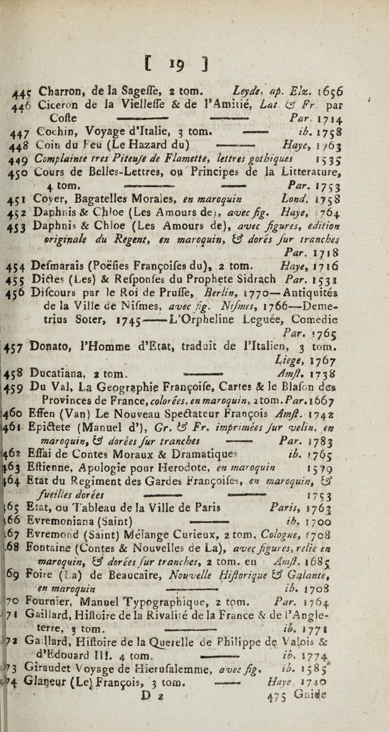 [ >9 ] 44 c Charron, de la Sage/Te, 2 tom. Leyde, ap. Elz. 1656 446 Ciceron de la ViellelTe & de P Amide, Lat id Fr par Cofte ■ ■ ■  ■■■ Par 17 j 4 447 Cochin, Voyage d*Italie, 3 tom. ■■■-■■ ib. 1758 448 Coin du Feu (Le Hazard du) — ■ Haye, 1/63 449 Complainte fres Piteufie de Flamette, leitres gothiques 1533 450 Cours de Belles-Lettres, ou Principes de la Litterature, 4 tom. —— —— par. 1753 451 Coyer, Bagatelles Morales, en maroquin Lond, 4758 452 Daphnis & C)doe (Les Amours dei, anaec fig. Haye, 764 453 Daphnis & Chioe (Les Amours de), a*uec figures, edition origtnale du Regent, en maroquin, id dores fiur tranches Par. 1718 454 Defmarais (Poelies Fran^oifes du), 2 tom. Haye, 1716 455 Diftes (Les) & Refponles du Prophete Sidrach Par. 1531 456 Difcours par le Roi de PrulTe, Berlin, $770— Antiquites de la Ville de Nifmes, a<vec fig. Ntfmes, 1766—Deme¬ trius Soter, 1745--L'Orpheline Leguee, Comedie Par. 1765 457 Donato, PHomme d’Etat, traduit de lMtalien, 3 tom. liege, 1767 458 Ducatiana, atom. *-— Amfi. 1738 459 Cl Val, La Geographie Fran^oife, Cartes h le Rlafon des Provinces de Francz,colorees,en maroquin, 2tom.Par, 1667 1460 Effen (Van) Le Nouveau Spedlateur Francois Amfi. 1742 1461 Epi&ete (Manuel d*), Gr. Id Fr. imprimees Jur <velin, en maroquin, id dorees fur tranches —— Par. 1783 46s? ElTai de Contes Moraux & Dramatiques ib. .*765 463 Eftienne, Apologie pour Herodote, en maroquin 1579 ^64 Etat du Regiment des Gardes Franjoifes, en maroquin, id fueilles dorees 5753 i&S Etat, ou Tableau de la Ville de Paris Paris, 1763 66 Evremoniana (Saint) ..ib. 1700 67 Evremond (Saint) Melange Curieux, 2 tom. Cologne, fyo8 68 Fontaine (Contes & Nouvelles de La), aasecfigures, relie en maroquin, dorees fur tranches, 2 tom. en Amfi. 1683 69 Foire (La) de Beaucaire, Nouvelle Hifiorique id Gqlante, en maroquin ——— ib. 3708 70 Fournier, Manuel Typographique, 2 tom. Par. 1764 7 1 Gaillard, Hilloire de la RivalLe de la France & de PAngle- terre, 3 tom, *77* 72 Ga Hard, Hilloire de la Querelle de Philippe de Valois & d’Edouard III. 4 tom. —- ib. 1774 73 Giraudet Voyage de Hierufalemme, a-vec fig* ib. *583 74 Glaijeur (Le) Francois, 3 tom. *—— Haye 1740 D z 475 Gni