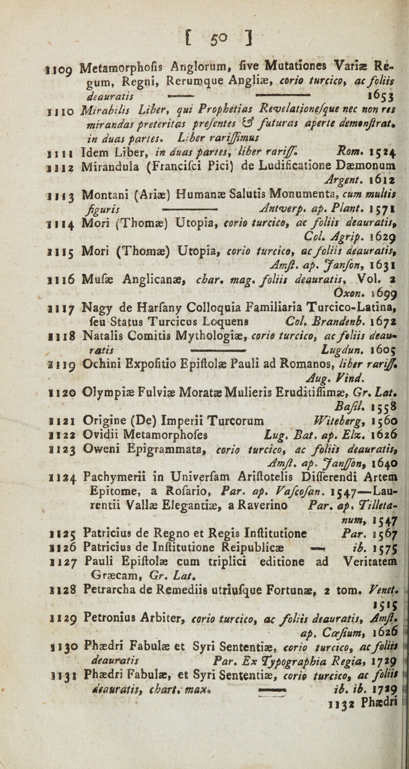 H09 Metamorphofis Anglorum, five Mutationes Varias Re¬ gum, Regni, Rerumque Angliae, corio turcico, ac foliis deauratis •—— --- 165 3 3110 Mirabilis Liber, qui Prophetias Rewelationefque nec non res mirandas preterit as prefentes & futures aperte demonftrat. in duas partes* Liber rarifjimus IIII Idem Liber, in duas partes, liber rariff. Rom. 1524 m2 Mirandula (Francifci Pici) de Ludiiicatione Dasmonum Argent. 1612 1113 Montani (Arias) Humanas Salutis Monumenta, multis fguris -...—Antwerp* ap* Plant. 1571 3114 Mori (Thomas) Utopia, corio turcico, ac foliis deauratis, Col* Agrip. 1629 3115 Mori (Thomas) Utopia, corio turcico, ac foliis deauratis, Amft* ap* Janfon, 1631 1116 Mufae Anglicanae, char, mag* foliis deauratis, Vol. 2 Oxon* *699 3117 Nagy de Harfany Colloquia Familiaria Turcico-Latina, feu Status Turcicus Loquens Col. Brandenb* 1672 1118 Natalis Comitis Mythologies, corio turcico, ac foliis dean* ratis ™’-' Lugdun. 1605 2119 Ochini Expofitio Epiftolae Pauli ad Romanos, liber rariff. Aug* Find. 1120 Olympia Fulviae Moratae Mulieris EruditiiTimse, Gr* Lat. Bafel* 1558 1121 Origine (De) Imperii Turcorum Witeberg, 1560 1122 Ovidii Metamorphofes Lug. Bat. ap. Elz. 1626 3123 Oweni Epigrammata, corio turcico, ac foliis deauratis, Amft. ap, fanffon, 164O 1124 Pachymerii in Univerfam Ariftotelis Diflerendi Artem Epitome, a Rofario, Par* ap. Vafcofan. 1547—Lau- rentii Valias Elegantiae, aRaverino Par* ap* Tilleta- num, 1547 1125 Patricius de Regno et Regis Inftitutione Par. 3567 1126 Patricks de Inftitutione Reipublicae — ib. 1575 1127 Pauli Epiftolse cum triplici editione ad Veritatem Graecam, Gr. Lat. 1128 Petrarcha de Remediis utriufque Fortuns, 2 tom. Venet. *5*5 1129 Petronius Arbiter, corio turcico, ac foliis deauratis, A»fl» ap. Ccefium, 1626 ii 1130 Phaedri Fabulae et Syri Sententias, corio turcico, ac foliis deauratis Par. Ex Typo graph: a Regia, 1729 1131 Phaedri Fabulas, et Syri Sententiae, corio turcico, ac foliis ft deauratis, chart. max» ib. ib. 1729 M 1132 Phaedri i
