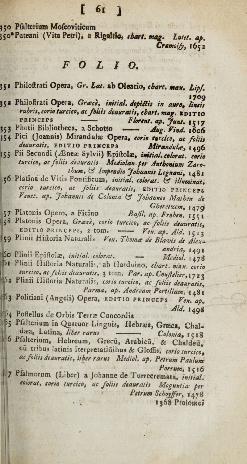 350 Pfalterium Mofcoviticum 350*Puteani (Vita Petri), a Rigaltfa, dart. mag. hunt. ape Ctamoijy, 1652 FOLIO. 351 35* 353 154 155 56 57 ^8 59 50 51 ‘.S2 23 H >5 ; Philoftrati Opera, Gr. hat. ab Oleario, dart. aw*. Lipf 1700 Philoftrati Opera, Grace, initial depiblts in auro9 lineis rubrisy corio turcica, foliis deauratis, chart, mag. iditio princeps ■ Florent. ap. Junt. 1517 Photii Bibliotheca, a Schotto — Aug, Vind. 1606 Pici (Joannis) Mi rand alas Opera, corio turcica, ar deauratis, editio princeps MiranduU, 1496 Pii Secundi (iEneae Sylvii) Epiftolae, initial color at. corio turcicoy acfoliis deauratis Mediolan.per Antbonium Zaro- thum, & hnpendio Johannis legnant, 1481 Platina de Vitis Pontificum, zW/zW. fWora/. fcf illuminat. corio turcicoy ac foliis deauratis, editio princeps Venet. ap. Johannis de Colonia Johannes Mai hen de . Gheretzem, 1479 Platoms Opero, a Ficino Bafil. ap. Froben. 1551 Platonis Opera, Greece, corio turcicot ac foliis deauratis, editio princeps, z tom. - Fen. ap. Aid. If 1 ? Plinii iiiltoria Naturalis Fen. Thorns de Bla vis de Alex« d?” ■/! 1 . . . , / andria, 1491 Phmi Epmolae, mitral color at. — Mediol. % 478 Phnii HiHoria Naturaliv ab Harduino, chart, max, corio turcicoy ac folds deauratis, 3 tom. Par. ap. Coufelier,ij Plinii fiiftoria NaturaSis, corio turcico, ac foliis deauratis^ # Parma, ap. Andream Port Hi am, 1481 Pohtiam (Angeli) Opera, editio princeps Fen. ap* _ Aid. 1408 Poftellus de Orbis Terrae Concordia Pfalterium in Quatuor Linguis, Hebraea, Graeca, Chal» aa;a, Latina, liber rarus - Colonia* i^sH rialtenum, Hebreum, G recu, Arabicu, & Chaldea, cu tnbus latinis Iterpretatioibus & Gloffis, cork turcica* ac foltis deauratis t liber rarus Mediol ap. Petrum Paulum pr . Porrum, 1516 r^morum (Liber) a Johanne de Turrecremata, initial color at. corio turcico t ac foliis deauratis Mogunt'ue per Petrum Schoyffer, 1478