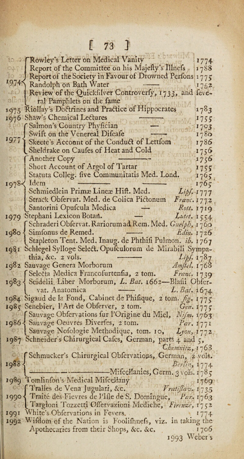 ‘Rowley’s Letter on Medical Vanity 1774. Report of the Committee on his Majefty’s Illnefs |j 788 Report of the Society in Favour of Drowned Perfons 1775 Randolph on Bath Water - 1752. Review’ of the Quickfilver Controverfy, 1733, and feve- v_ ral Pamphlets on the fame 1975 Riollay’s Dodfines and Practice of Hippocrates 17 S3 1976 Shaw’s Chemical Ledures -- 1753 {Salmon’s Country Phyfician — 1703 Swift on the Venereal Difeafe - Skeete’s Accocmt of the Condud of Lettfom Sheldrake on Caufes of Heat and Cold f Another Copy - i Short Account of Argol of Tartar Statuta Colleg;. five Communitatis Med. Lond. 1780 1978^ ^cm 1786 !7j6 1756 >7 Si j76>, 176J Up/. 1777 Franc. 1772 . Schmiedlein Primse Lines Hift. Med. Struck Obfervat. Med. de Colica Pidonum Santorini Opufcula Medica — Rott. 1719 1979 Stephani Lexicon Botari. — Lutet. 1554 fSchraderiObfervat.RariorumadRem. Med. Guelph1760 1980 j Simfonus de Remed. - Edin. 1726 p Stapleton Tent. Med. Inaug. de Phthifi Pulmon. ib. 1767 1981 Schlegel Sylloge Seled. Opufculorum de Mirabili Sympa- thia, he. 2 vols. --- LipJ. 1787 1982 Sauvage Genera Morborum Amjld. j 768 f Seleda Medica Francofurtenha, 2 tom. Franc. 1739 1983 <| Seidelii Liber Morborum, L. Bat. 1662—Blafii Obfer- p vat. Anatomica - A.iLz/. 1674 1984 Sigaud de la Fond, Cabinet de Phifique, 2 tom. Jig. 1773 1985 Senebier, l’Art de Obferver, atom. Gen. 1777 f Sauvage Obfervations fur 1’Origine du Miel, Nr/m. 1763 1986 < Sauvage Oeuvres Diverfes, 2 tom. Far. 1771 Sauvage Nofologie Methodique, tom. 10, Lyon, 1772 1987 Schneider's Chirurgical Cafes, German, parts 4 and 5, Chemnitz, 1768 'Schmucker’s Chirurgical Obfervations, German, 2 vols. 1988 < Berlin, 1774 ----MifceHanies, Germ. 3 vols. 1783 1989 Tomlinfon’s Medical Mifcellany 1769 Tralles de Vena Jugulari, &c. Vratijla-o. 1,735 1990^ Traite des Fievres de PIfle de S. Domingue, Far. 1763 Targioni Tozzetti Offervazioni Mediche, Firenze, 175:2 1991 White’s Obfervations in Fevers. 1774 1992 Wifdom of the Nation is Foolifhnefs, viz. in taking the Apothecaries from their Shops, See. Sec. 1706 1993 Weber's