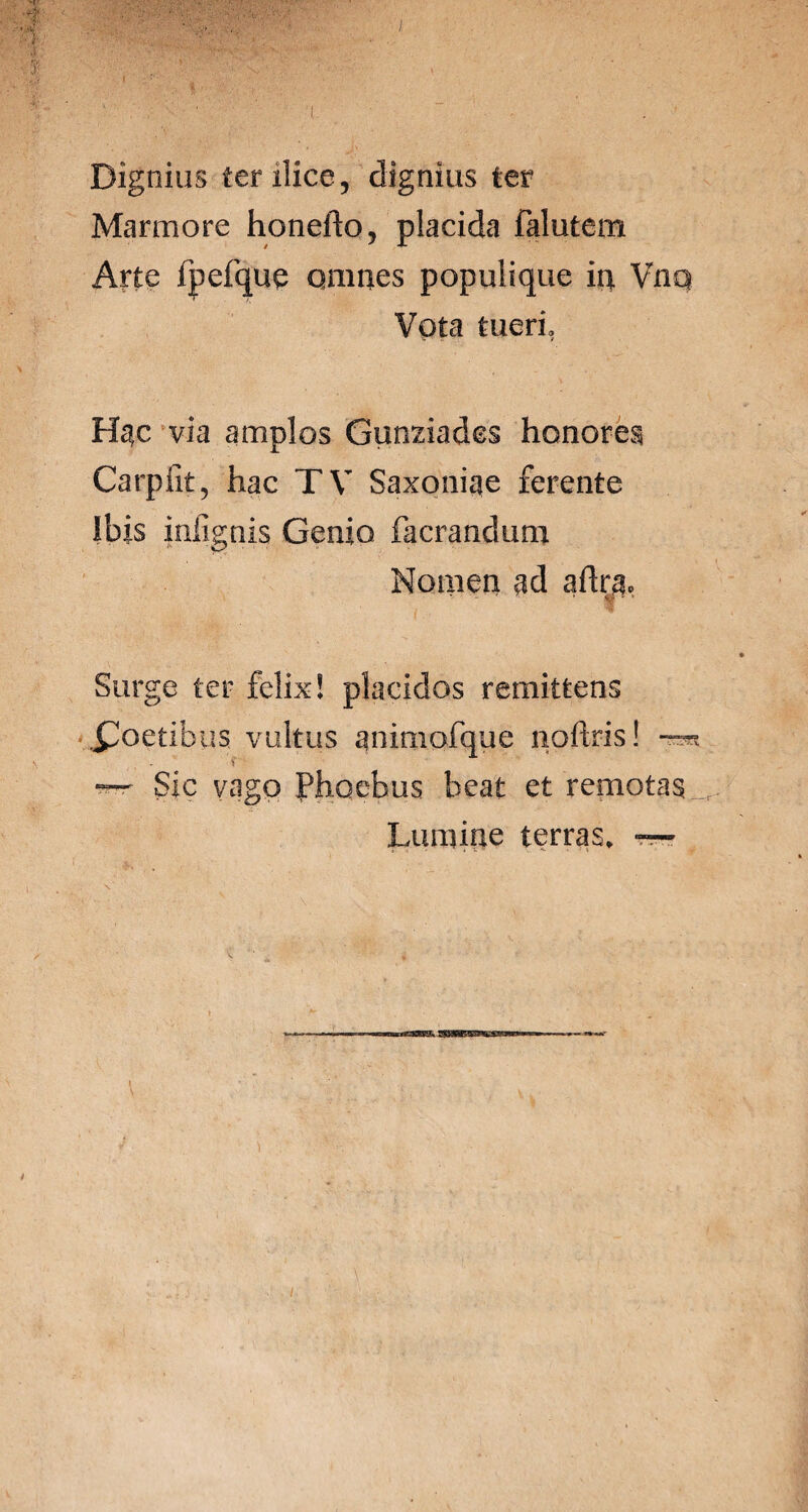 Dignius ter ilice, dignius ter Marmore honefto, placida falutem Arte ipefque omnes populique in. Vnq Vota tueri, H^c via amplos Gunziadcs honores Carpfit, hac TV Saxoniae ferente Ibis inlignis Genio facrandum Nomen ad aflra, Surge ter felix! placidos remittens .£oetibus vultus animofque noltris! — ~ Sic vago Phoebus beat et'remotas. Lumine terras* •—