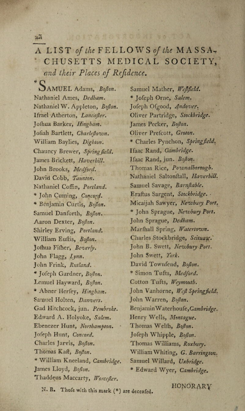 A LIST of the FELLOWS of the MASSA¬ CHUSETTS MEDICAL SOCIETY, and their Places of Refidence. * o OAMUEL Adams, Bojlon. Nathaniel Ames, Dedham. Nathaniel W. Appleton, Bojlon. Ifrael Atherton, Lancafier. Jofhua Barker, Hingham. Jofiah Bartlett, Charlejlovon. William Baylies, Dighton. Chauncy Brewer, Springfield. James Brickett, Haverhill. John Brooks, Medford. David Cobb, Taunton. Nathaniel Coffin, Portland. * John Cuming, Concord. * Benjamin Curtis, Bojlon. Samuel Danforth, Bojlon. Aaron Dexter, Bojlon. Shirley Erving, Portland. William Euftis, Bojlon. Jofhua Fi(her, Beverly. John Flagg, Lynn. John Frink, Rutland. * Jofeph Gardner, Bojlon. Lemuel Hayward, Bojlon. * Abner Her fey, Hingham. Samuel Hoiten, Danvers. Gad Hitchcock, jun. Pembroke. Edward A. Holyoke, Salem. Ebenezer Hunt, Northampton. ' Jofeph Hunt, Concord. Charles Jarvis, Bojlon. Thomas Kafi, Bojlon. * William Kneeland, Cambridge. James Lloyd, Bojlon. Thaddeus Maccarty, JVorcefler. B. Thofc with this mark (*) Samuel Mather, IVefifield. * Jofeph Orne, Salem. Jofeph Ofgood, Andover. Oliver Partridge, Stockbridge. James Pecker, Bojlon. Oliver Prefcott, Groton. * Charles Pynchon, Springfield. Ifaac Rand, Cambridge. Ifaac Rand, jun. Bojlon. Thomas Rice, Povunalborough. Nathaniel Saltonftall, Haverhill. Samuel Savage, Barnjlable. Eraftus Sargent, Stockbridge. ■ Micaijah Sawyer, Neve bury Port. * John Sprague, Ncvubury Port. John Sprague, Dedham. Marfhall Spring, Watertoven. Charles Stockbridge, Scituatr. John B. Svvett, Nevebury Port. John Swett, York. David Townfend, Bojlon. * Simon Tufts, Medford. Cotton Tufts, JVeymouth. John Vanhorne, Wejl Springfield. John Warren, Bojlon. Benjamin W aterhoufe, Cambridge. Henry Wells, Montague. Thomas Welfii, Bojlon. Jofeph Whipple, Bojlon. Thomas Williams, Roxbury. William Whiting, G. Barrington. Samuel Willard, Uxbridge. * Edward WTyer, Cambridge. HONORARY are deceafcd.