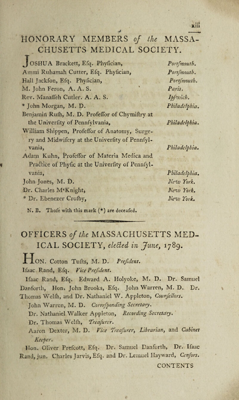 ■* Xlll y - HONORARY MEMBERS of ihe MASSA¬ CHUSETTS MEDICAL SOCIETY. OSHUA Brackett, Efq. Phyfician, Ammi Ruhamah Cutter, Efq. Phyfician, Kali Jackfon, Efq. Phyfician, M. John Feron, A. A. S. Rev. Manafleh Cutler. A. A. S. * John Morgan, M. D. Benjamin Rulh, M. D. Profeflor of Chymifiry at the Univerfity of Pennfylvania, William Shippen, Profeflor of Anatomy, Surge¬ ry and Midwifery at the Univerfity of Pennfyl¬ vania, Adam Kuhn, Profeflor of Materia Medica and Practice of Phyfic at the Univerfity of Pennfyl¬ vania, i John Jones, M. D. Dr. Charles M‘Knight* * Dr. Ebenezer Crofby, N. B. Thofe with this mark (*) are deceafed. .. wm - OFFICERS of the MASSACHUSETTS MED¬ ICAL SOCIETY, defied in June, 1789. X loN. Cotton Tufts, M. D. Prefdent. Ifaac Rand, Efq. Vice Prefdent. Ifaac Rand, Efq. Edward A. Holyoke, M. D. Dr. Samuel Danforth, Horn John Brooks, Efq. John Warren, M. D. Dr. Thomas Welfh, and Dr. Nathaniel W. Appleton, Counfellors. John Warren, M. D. Correfponding Secretary. Dr. Nathaniel Walker Appleton, Recording Secretary. Dr. Thomas Welfh, Treafurer. Aaron Dexter, M. D. Vice Treafurer, Librarian, and Cabinet Keeper. Kon. Oliver Prefcott, Efq. Dr. Samuel Danforth, Dr. Ifaac Rand, jun. Charles Jarvis, Efq. and Dr. Lemuel Hayward, Cenfors. CONTENTS Portfmouth. Portfmouth. Portfmouth. Paris. Jppwicb. Philadelphia„ Philadelphia. Philadelphia. Philadelphia. Ne<iv York. Ne-to York. Neto York.