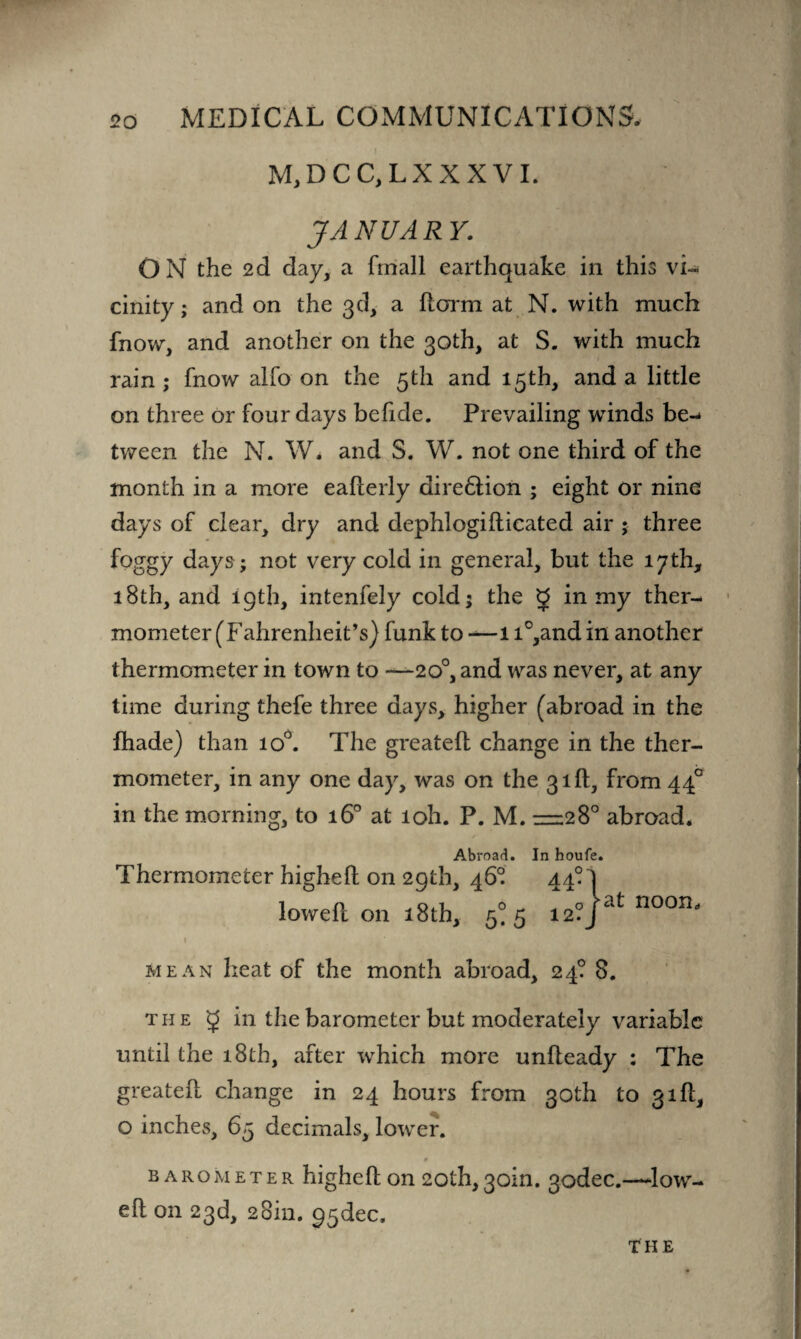 M, D C C, L X X X V I. JANUARY. ON the 2d day, a fmall earthquake in this vi- cinity; and on the 3d, a dorm at N. with much fnow, and another on the 30th, at S. with much rain; fnow alfo on the 5th and 15th, and a little on three or four days befide. Prevailing winds be¬ tween the N. W. and S. W. not one third of the month in a more ealferly dire£lion ; eight or nine days of clear, dry and dephlogifticated air ; three foggy days; not very cold in general, but the 17th, 18th, and 19th, intenfely cold; the g in my ther¬ mometer (Fahrenheit’s) funk to —1 i°,and in another thermometer in town to -—20°, and was never, at any time during thefe three days, higher (abroad in the lhade) than io°. The greatell change in the ther¬ mometer, in any one day, was on the 31ft, from 44° in the morning, to 160 at loh. P. M. =28° abroad. Abroad. In houfe. Thermometer higheft on 29th, 46° 44° lowed on 18th, 5^5 12? ►at noon. mean heat of the month abroad, 24? 8. the 5 in the barometer but moderately variable until the 18th, after which more undeady ; The greated change in 24 hours from 30th to 3id, o inches, 65 decimals, lower. barometer highed on 20th, 3oin. godec.—low¬ ed on 23d, 2Bin. the
