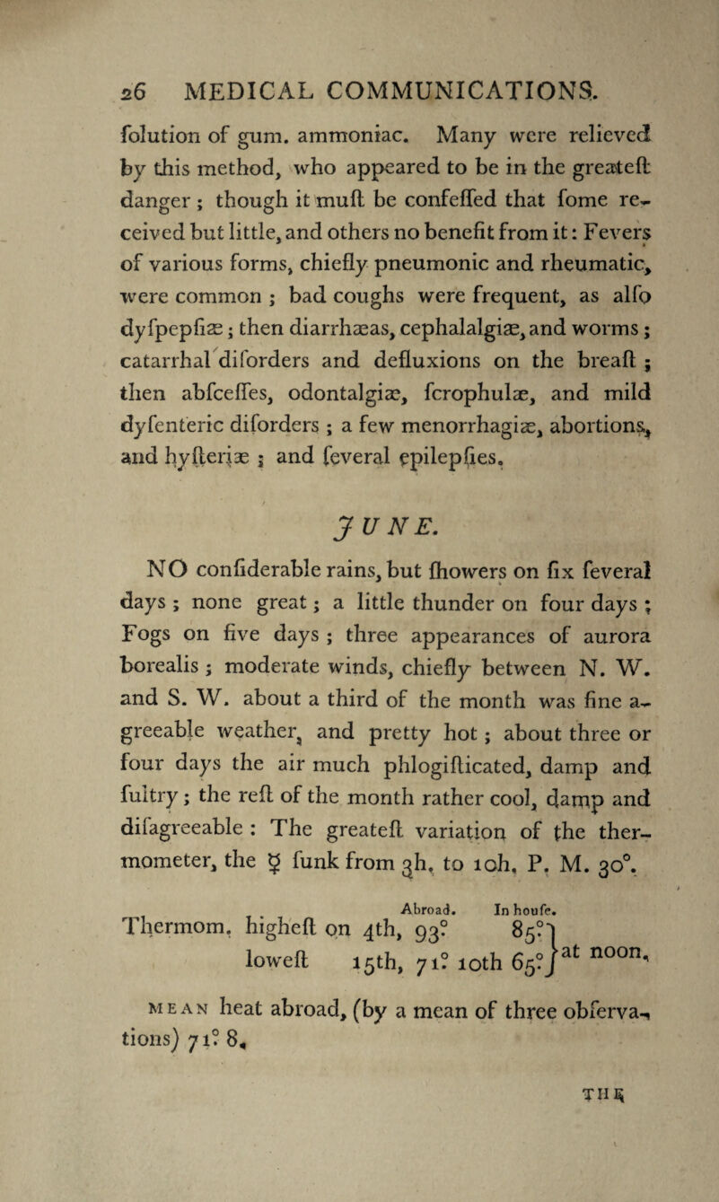 folution of gum. ammoniac. Many were relieved by this method, who appeared to be in the greated danger ; though it mud be confeffed that fome re- ceived but little, and others no benefit from it: Fevers of various forms, chiefly pneumonic and rheumatic, were common ; bad coughs were frequent, as alfo dyfpepfise; then diarrhaeas, cephalalgias, and worms; catarrhal diforders and defluxions on the bread ; then abfeeffes, odontalgias, fcrophulae, and mild dyfenteric diforders ; a few menorrhagiae, abortions* and hyfleriae j and feveral epilepdes. I JUNE. NO confiderable rains, but fhowers on fix feveral days ; none great; a little thunder on four days ; Fogs on five days ; three appearances of aurora borealis ; moderate winds, chiefly between N. W. and S. W. about a third of the month was fine a- greeable weather, and pretty hot; about three or four days the air much phlogiflicated, damp and fultry; the red of the month rather cool, ejarrip and diiagreeable : The greated variation of the ther¬ mometer, the 5 funk from jh, to loh, P. M. 30°. Abroad. In houfe. Thermom. highed on 4th, 93? 85?*] lowed 15th, 71? 10th 65?J at noon< mean heat abroad, (by a mean of three obferva-, tions) 71? 8« THU