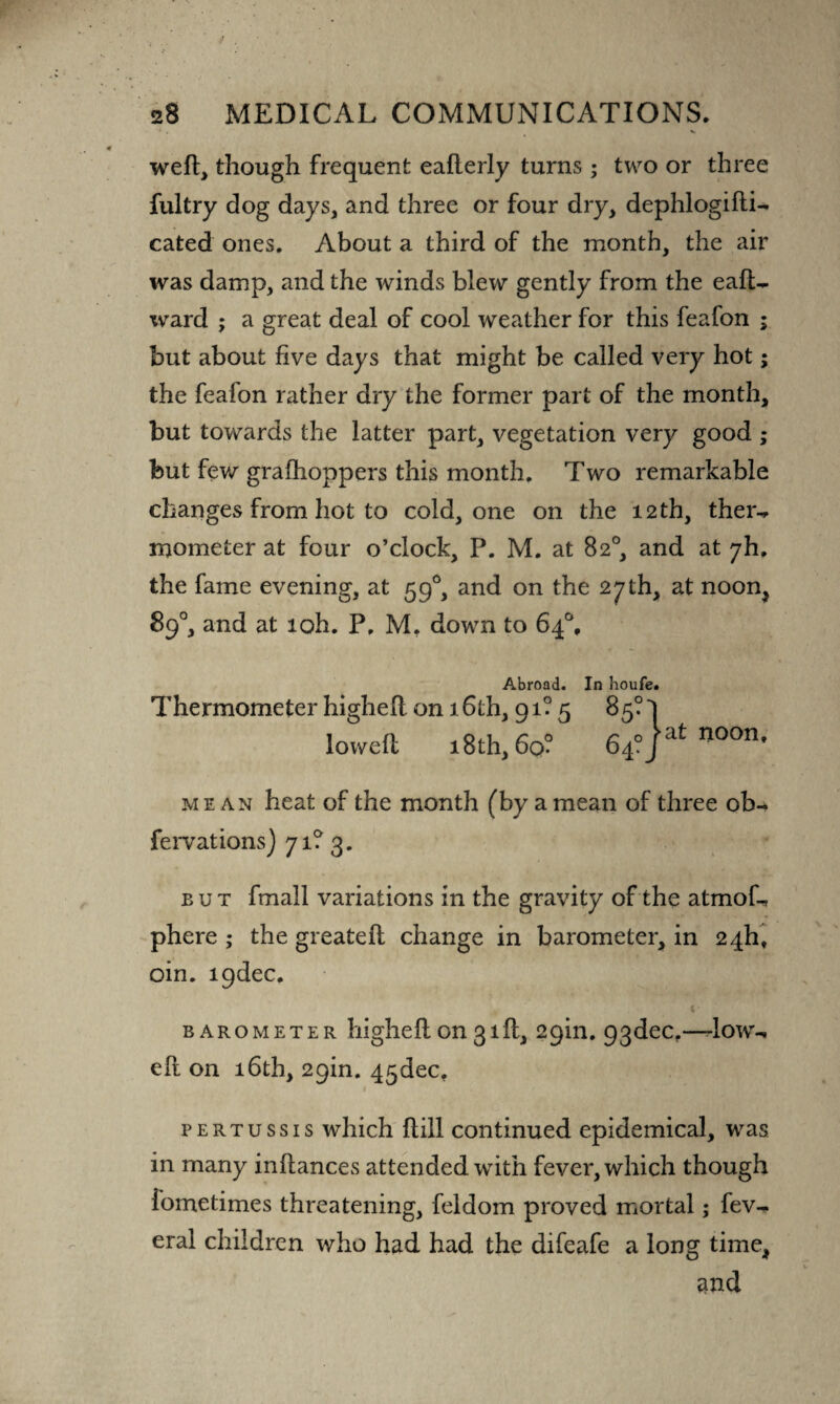 weft, though frequent eaflerly turns ; two or three fultry dog days, and three or four dry, dephlogifti- cated ones. About a third of the month, the air was damp, and the winds blew gently from the ead- ward ; a great deal of cool weather for this feafon ; but about five days that might be called very hot; the feafon rather dry the former part of the month, but towards the latter part, vegetation very good ; but few grafhoppers this month. Two remarkable changes from hot to cold, one on the 12 th, then* mometer at four o’clock, P. M. at 82°, and at 7I1. the fame evening, at 590, and on the 27 th, at noon, 89°, and at loh. P. M. down to 64°. Abroad. Thermometer highefl on 16th, 91-5 lowed 18th, 60° In houfe. 85? 64° ►at noon. mean heat of the month (by a mean of three ob- fervations) 71? 3. but fmall variations in the gravity of the atmof-, phere ; the greated change in barometer, in 24I1, oin. lpdec. barometer highedon3id, 29m. 93dec.—dow-* ed on 16th, 29m. 45dec. pertussis which dill continued epidemical, was in many indances attended with fever, which though iometimes threatening, feldom proved mortal; fev^ eral children who had had the difeafe a long time, and