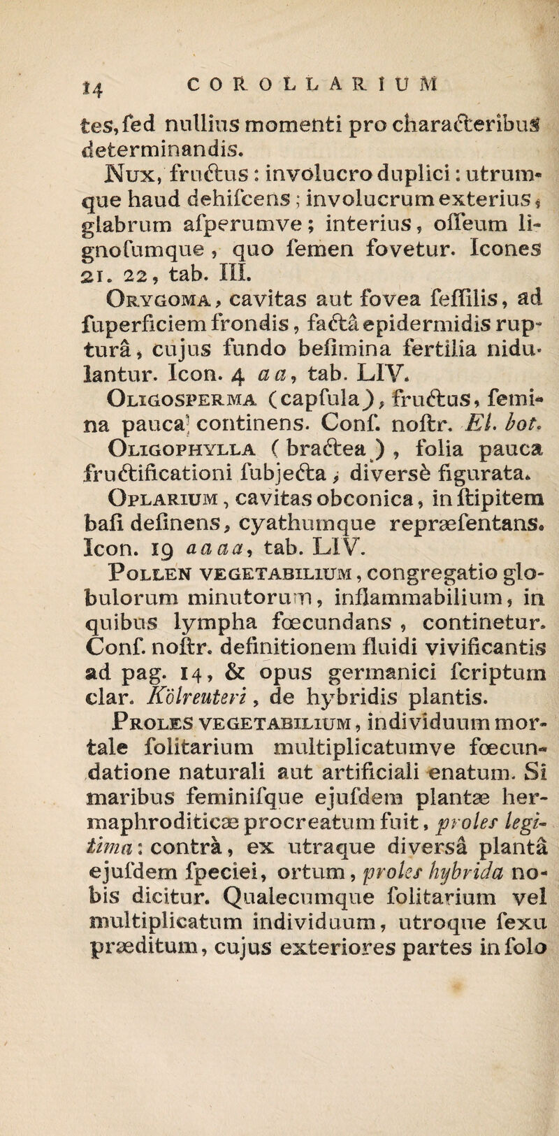 tes, fed nullius momenti pro charafteribu^ determinandis. Nux, fruftus: involucro duplici: utrum¬ que haud dehifcens; involucrum exterius * glabrum afperumve; interius, offeum li- gnofumque , quo femen fovetur. Icones si. 22? tab. III. Orygoma , cavitas aut fovea feffilis ? ad fuperficiem frondis, fadta epidermidis rup¬ tura? cujus fundo befimina fertilia nidu¬ lantur. Icon. 4 a a, tab. LIY. Oligosperma (capfulajL fruftus, femi* na pauca- continens. Conf. noftr. EL bot. Oligophylla ( braftea ) ? folia pauca frudtificationi fubjefta , diversi figurata. Oplarium , cavitas obconica ? in ftipitem baft definens, cyathumque repraefentans» Icon. 19 aaaa, tab. LIY. Pollen vegetabilium , congregatio glo¬ bulorum minutorum, inflammabilium? in quibus lympha foecundans ? continetur. Conf. noftr. definitionem fluidi vivificantis ad pag. 14, & opus germanici fcriptum clar. Kolreuteri, de hybridis plantis. Proles vegetabilium ? individuum mor¬ tale folitarium multiplicatumve foecun- datione naturali aut artificiali enatum. Si maribus feminifque ejufdera piante her- maphroditicae procreatum fuit, proles legi¬ tima : contra, ex utraque diversa planta ejufdem fpeciei, ortum, proles hybrida no¬ bis dicitur. Qualecumque folitarium vel multiplicatum individuum, utroque fexu praeditum, cujus exteriores partes infolo