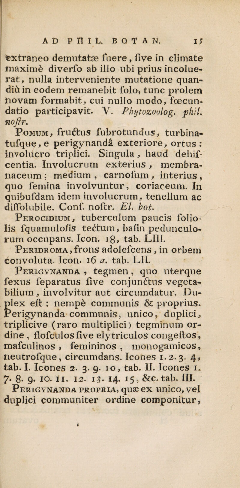 «extraneo demutatae fuere, five in climate maximi diverfo ab illo ubi prius incolue¬ rat, nulla interveniente mutatione quan- did in eodem remanebit folo, tunc prolem novam formabit, cui nullo modo, fabun¬ datio participavit. V. Phytozoolog. phlL noftr. Pomum, fruftus fubrotundus, turbina- tufque, e perigynanda exteriore, ortus : involucro triplici. Singula, haud dehif- centia. Involucrum exterius, membra¬ naceum ; medium , carnofum , interius , quo femina involvuntur, coriaceum. In quibufdam idem involucrum, tenellum ac diftolubile. Conf. noftr. EI. bot* Perocidium, tuberculum paucis folio¬ lis fquamulofis te<ftum, bafin pedunculo¬ rum occupans. Icon. tab. LIII. Peridroma, frons adolefcens, in orbem convoluta. Icon. 16 a, tab. LIL Perigynanda , tegmen , quo uterque fexus feparatus five conjunftus vegeta¬ bilium , involvitur aut circumdatur. Du¬ plex eft : nempe communis & proprius. Perigynanda communis, unico, duplici, triplicive (raro multiplici) tegminum or¬ dine , flofculosfive elytriculos congeftos, mafculinos , femininos , monogamicos, neutrofque, circumdans. Icones 1.2.3. 4, tab. I. Icones 2. 3. 9. 10, tab. II. Icones 1. 7* 8- 9- 10. 11. 12. 13. 14. 15, &c. tab* III. Perigynanda propria, quae ex unico, vel duplici communiter ordine componitur, 1