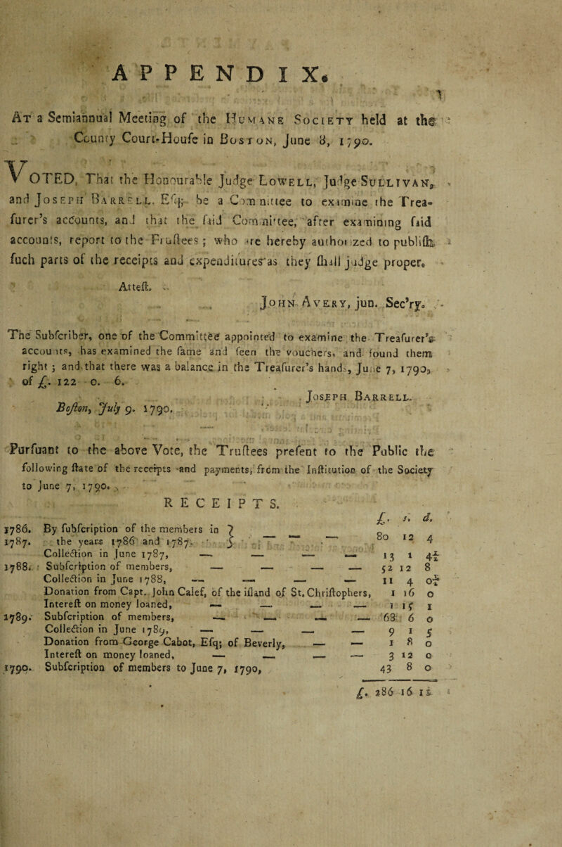 A P P E N D I X. At a Semiannual Meeting of the Humane Society held at the County Coun-Houfe in Boston, June <J, 175>0. 'V'oTED.. That the Honourable Judge Lowell; judge Sullivan*,. and Joseph Barr ell. Eh}; he a C>m suttee to eximioe the Trea- furer’s accounts, and that the fiiJ Com artee, after examining Did accounts, report to the Fr n flees.; who mc hereby author ized to publifh fuch parts of the receipts and expeadiiureras they (hill judge proper 1 AttefL f- J Q H N A V E R Y, j U D. SecVjc The Subfcriber, one of the Committee appointed to examine the Treafurer’s accou us, has examined the fame and feen the vouchers, and found them right 5 and that there was a balance in.the Treafurer’s hands, Ju <e 7> 17903 of £. 122 o. 6. . Joseph Harrell. Bojion, 'July 9* 1790. ■■ ...» » . , * : r . Purfnant to the above Vote, the Truflees prefeot to the Public following ftate of the receipts and payments, from the Inftitution of the Society to June 7, 1790, -> ... RECEIPTS. C ' '  2786. i787. 1788. 2789. .5790. By fubfcription of the members !o X _ _ _ the year's 1786 and 1787; * j Collection in June 1787, —. — — Subfcription of members, — — — Collection in June 1788, — — — • — Donation from Capt. John Calef, of the ifland o_f St. Chriftophers: Intereft on money loaned, — — —, — Subfcription of members, __ Colle&ion in June 1789, — — _, _ Donation from George Cabot, Efq; of Beverly, — — Intereft on money loaned, — —. Subfcription of members to June 7, 1790, £, 80 12 d, 4 13 1 52 12 11 4 1 16 1 15: 63 6 9 1 1 8 3120 43 8 o 4‘x 8 of o 1 o 5 o £. 286 id is