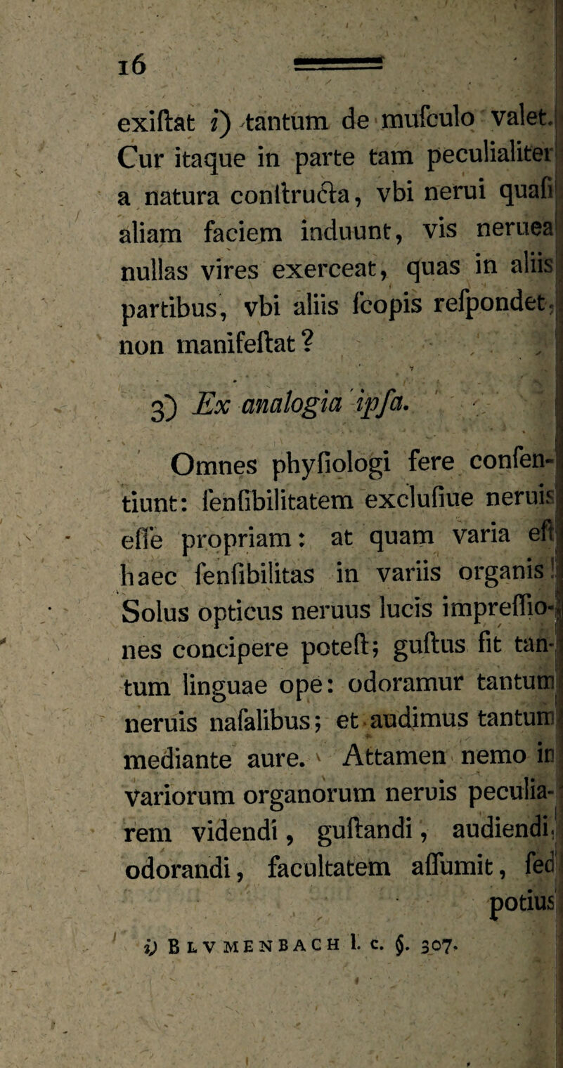 exiftat i) tantum de mufeulo valet. Cur itaque in parte tam peculialitei a natura conltru&a, vbi nerui quafi aliam faciem induunt, vis neruea| nullas vires exerceat, quas in aliisj partibus, vbi aliis fcopis refpondet* non manifeftat? v * s ■ * «3 *. * 3) Ex analogia 'ipfa. '1,1 - * * , ’ j . ^ v. > i ' •* * • w. . yv' I Omnes phyfiologi fere confen-ii tiunt: fenfibilitatem exclufiue neruisj efle propriam: at quam varia eft haec fenfibilitas in variis organis Solus opticus neruus lucis impreflio-i nes concipere poteft; guftus fit tan-j tum linguae ope: odoramur tantum neruis nafalibus; et audimus tantum^ mediante aure. v Attamen nemo ini Variorum organorum neruis peculia¬ rem videndi, guftandi, audiendi, odorandi, facultatem aflumit, fed potius i) B LV MENBACH 1. C. J. 307. 1