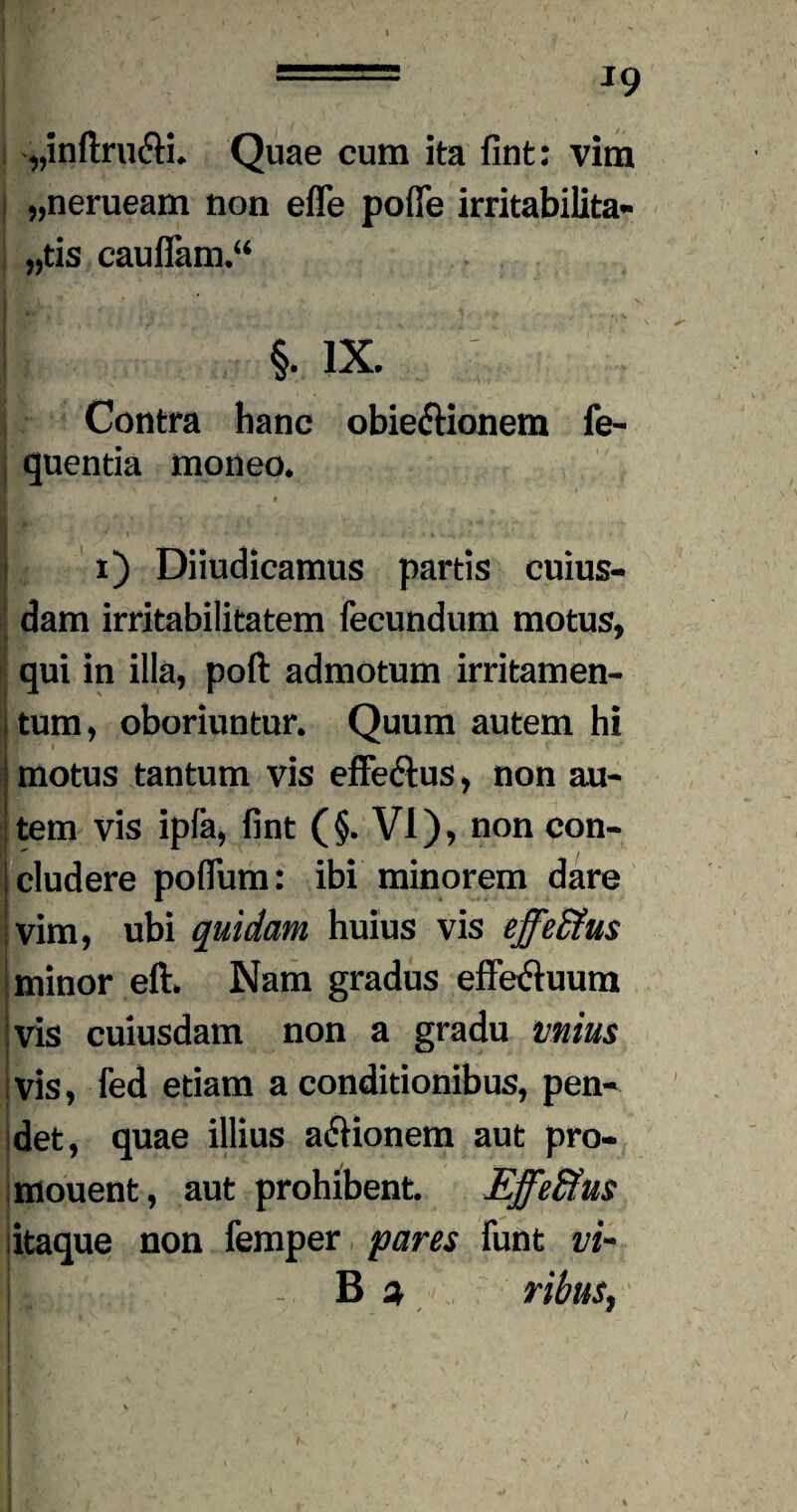 VMR ■, - • . \ ■P* ' , 'VV' f •• “■ « ' ,v I . 1 t ■r I ' I ' .i - ===== 19 „inftru<5H. Quae cum ita fint: vim „nerueam non efle polle irritabilita¬ tis caufiam.“ ! §• IX. Contra hanc obie&ionem fe- quentia moneo. 1) Diiudicamus partis cuius¬ dam irritabilitatem fecundum motus, qui in illa, poft admotum irritamen- i tum, oboriuntur. Quum autem hi \ motus tantum vis effe&us, non au¬ tem vis ipla, fint (§. VI), non con- ; eludere poflum: ibi minorem dare i vim, ubi quidam huius vis effeSfus minor eft. Nam gradus effe&uum i vis cuiusdam non a gradu vnius vis, fed etiam a conditionibus, pen¬ det, quae illius adlionem aut pro- mouent, aut prohibent. EffeSfus itaque non femper pares funt vi¬ li B % ribus, %