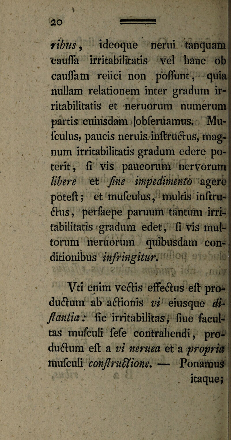 ribus, ideoque rierui tanquam eaufla irritabilitatis vel banc ob eaufla m reiici non poflunt, quia nullam relationem inter gradum ir¬ ritabilitatis et neruorum numerum , ' fi _ - I partis cuiusdam |obferiiamus. Mu- fculus, paucis neniis inftructus, mag¬ num irritabilitatis gradum edere po¬ terit , fi vis paucorum nervorum libere et fine impedimento agere poteft; et mufculus, multis inftru-] 6His, perfaepe paruum tantum irri- tabilitatis gradum edet, fi vis mul¬ torum neruorum quibusdam con- f ditionibus infringitur. 1 P ’ i » * I - I Vti enim veCis effectus eft pro- duCum ab aCionis vi eiusque di- ftantia : fic irritabilitas, fiue facul¬ tas mufculi fefe contrahendi, pro¬ ducum eft a vi neruea et a propria mufculi conftruffiione. — Ponamus . itaque; / f»
