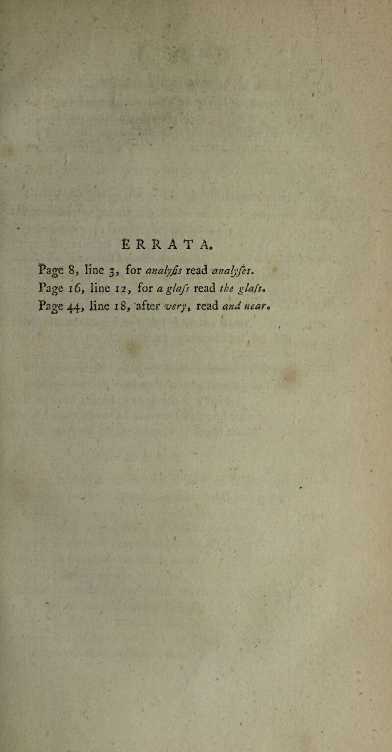 ERRATA, ) Page 8a line 3, for analyjjs read analyfes. Page 16, line 12, for a glafs read the glafso I Page 44, line 18, 'after very^ read and near«