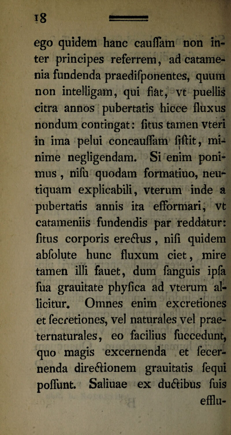 ego quidem hanc caufTam non in¬ ter principes referrem, adcatame- nia fundenda praedifponentes, quum non intelligam, qui fiat, vt puellis citra annos pubertatis hicce fluxus nondum contingat: litus tamen vteri in ima pelui concauflam fiftit, mi¬ nime negligendam. Si enim poni¬ mus , nifu quodam formatiuo, neu- tiquam explicabili, vterum inde a pubertatis annis ita efformari, vt catameniis fundendis par reddatur: fitus corporis erectus , nili quidem abfolute hunc fluxum ciet, mire tamen illi fauet, dum fanguis ipfa fua grauitate phyfica ad vterum al¬ licitur. Omnes enim excretiones et fecretiones, vel naturales vel prae- ternaturales, eo facilius fuccedunt, quo magis excernenda et fecer- nenda directionem grauitatis fequi poffunt. Saliuae ex ductibus fuis efflu-