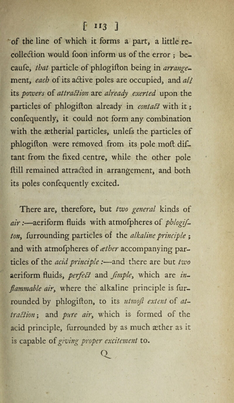 of the line of which it forms a part, a little re- colledlion would foon inform us of the error ; be- caufe, that particle of phlogifton being in arrange- ment, each of its adtive poles are occupied, and all its powers of attraction are already exerted upon the particles of phlogifton already in contact with it; confequently, it could not form any combination with the aetherial particles, unlefs the particles of phlogifton were removed from its pole moft dis¬ tant from the fixed centre, while the other pole ftill remained attracted in arrangement, and both its poles confequently excited. There are, therefore, but two general kinds of air:—aeriform fluids with atmofpheres of phlogif- ton, furrounding particles of the alkaline principle ; and with atmofpheres of (ether accompanying par¬ ticles of the acid principle:—and there are but two aeriform fluids, perfect and fimple, which are in- flammable airy where the' alkaline principle is fur- rounded by phlogifton, to its utmojl extent of at¬ traction ; and pure airy which is formed of the acid principle, furrounded by as much aether as it is capable of giving proper excitement to.