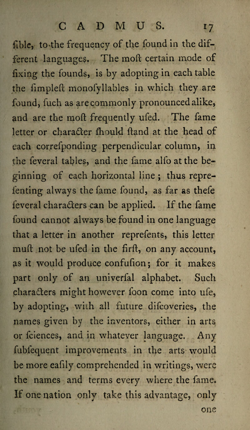 fiblc, to the frequency of the found in the dif¬ ferent language?. The moll certain mode of fixing the founds, is by adopting in each table the limplefi; monofyllables in which they are found, fuch as arecommonly pronounced alike, and are the mod frequently ufed. The fame letter or character fhould ftand at the head of each correfponding perpendicular column, in the feveral tables, and the fame alfo at the be¬ ginning of each horizontal line ; thus repre- fenting always the fame found, as far as thefe feveral characters can be applied. If the fame found cannot always be found in one language that a letter in another reprefents, this letter mud not be ufed in the firft, on any account, as it would produce confufion; for it makes part only of an univerfal alphabet. Such charaTers might however foon come into ufe, by adopting, with all future difcoveries, the names given by the inventors, either in arts or fciences, and in whatever language. Any fubfequent improvements in the arts would be more eafily comprehended in writings, were the names and terms every where the fame. If one nation only take this advantage, only one