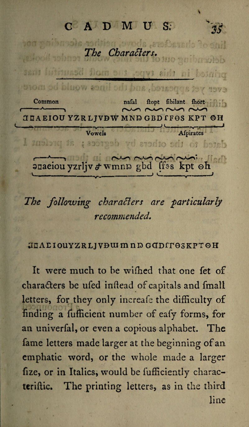 The Characters. Common <-*- nafal ftopt fibilant fiaOft r^>-o n * r ntlAEIOU YZRLJVBW MNID GBBfF9S KPT OH t-a.________) ^___-_> Vowels Afpirates snaeiou yzrljv wmnD gbd (rss kpt oh y ___> c_j Zi&tf following characters are particularly recommended. jnAEIOUYZRLJVBUimnD GQDfr03KPTOH It were much to be wifhed that one fet of characters be ufed inftead of capitals and fmall letters, for they only increafe the difficulty of finding a fufficient number of eafy forms, for an univerfal, or even a copious alphabet. The fame letters made larger at the beginning of an emphatic word, or the whole made a larger fize, or in Italics, would be fufficiently charac¬ ter! flic. The printing letters, as in the third line