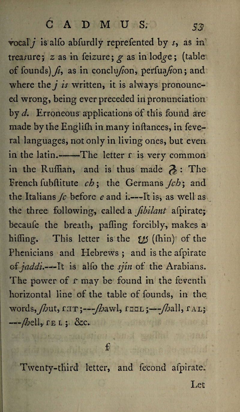 vocal j is alfo abfurdly reprefented by s, as in I treasure} z as in feizure;^ as inlod^e; (table of founds)^, as in conclu//on, perfua/zon; and. where they is written, it is always pronounc¬ ed wrong, being ever preceded in pronunciation, by d. Erroneous applications of this found are made by the Englifh in many inftances, in feve- ral languages, not only in living ones, but even in the latin.——The letter f is very common in the Ruffian, and is thus made a : The French fubftitute ch; the Germans Jch\ and the Italians Jc before e and i.—It is, as well as the three following, called a Jibilant afpirate; becaufe the breath, paffing forcibly, makes a hiffing. This letter is the J^5 (fhin) of the Phenicians and Hebrews ; and is the afpirate of is alfo the sjin of the Arabians, The power of r may be found in the feventh horizontal line of the table of founds, in the words,ySut, rnT;—y&awl, rnnL^/Z?all, ial; —/Sell, r e i ; &c. f Twenty-third letter, and fecond afpirate. Let