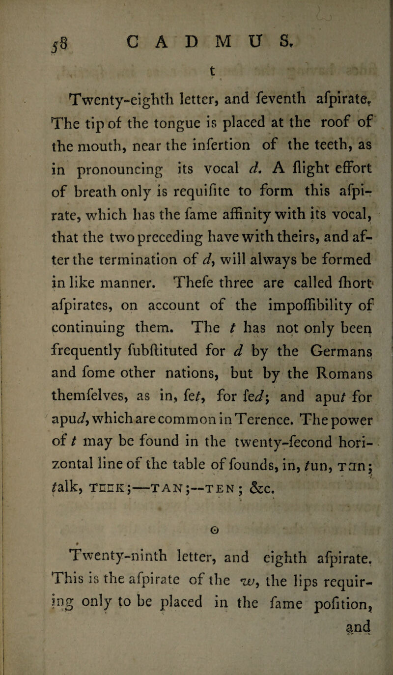 SB CADMUS, t Twenty-eighth letter, and feventh afpirate. The tip of the tongue is placed at the roof of the mouth, near the infertion of the teeth, as in pronouncing its vocal d. A flight effort of breath only is requifite to form this afpi- rate, which has the fame affinity with its vocal, that the two preceding have with theirs, and af¬ ter the termination of d, will always be formed in like manner. Thefe three are called fhort afpirates, on account of the impoffibility of continuing them. The t has not only been frequently fubftituted for d by the Germans and fome other nations, but by the Romans themfelves, as in, for kd\ and apu/ for apu J, which are common in Terence. The power of t may be found in the twenty-fecond hori¬ zontal line of the table of founds, in, fun, TJn; /alk, tcck;—tan;—ten; &c. g # Twenty-ninth letter, and eighth afpirate. This is the afpirate of the w, the lips requir¬ ing only to be placed in the fame pofition* and
