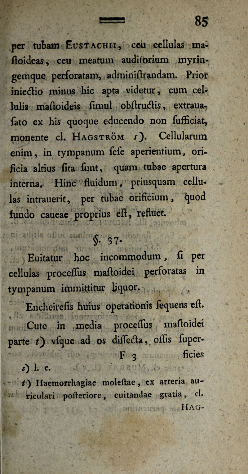 per tubam EustACHii, ceu cellulas ma- floideas, ceu meatum auditorium myrin- gemque perforatam, adminiftrandam. Prior iniedio minus hic apta videtur, cum cel¬ lulis malbideis fimul obUrudis, extraua- fato ex his quoque educendo non fufBciat, monente cl. Hagstrom j*). Cellularum enim, in tympanum fefe aperientium, ori¬ ficia altius fita fiint, quam tubae apertura interna. Hinc fluidum, priusquam cellu- las intrauerit, per tubae orificium, ^uod fundo caueac proprius eft, refluet. §• 37- Euitatur hoc incommodum, fi per cellulas proceffus maftoidei perforatas in tympanum immkfitur liquor. Encheirefis huius operationis fequens efl. Cute in media proceflus mafioidei parte vfijue ad os difle<^a, ollis fuper- F 3 ficies j) I. c. /) Haemorrhagiae moleftac, ex arteria au¬ riculari pofteriore, euitandae gratia , cl. Hag>