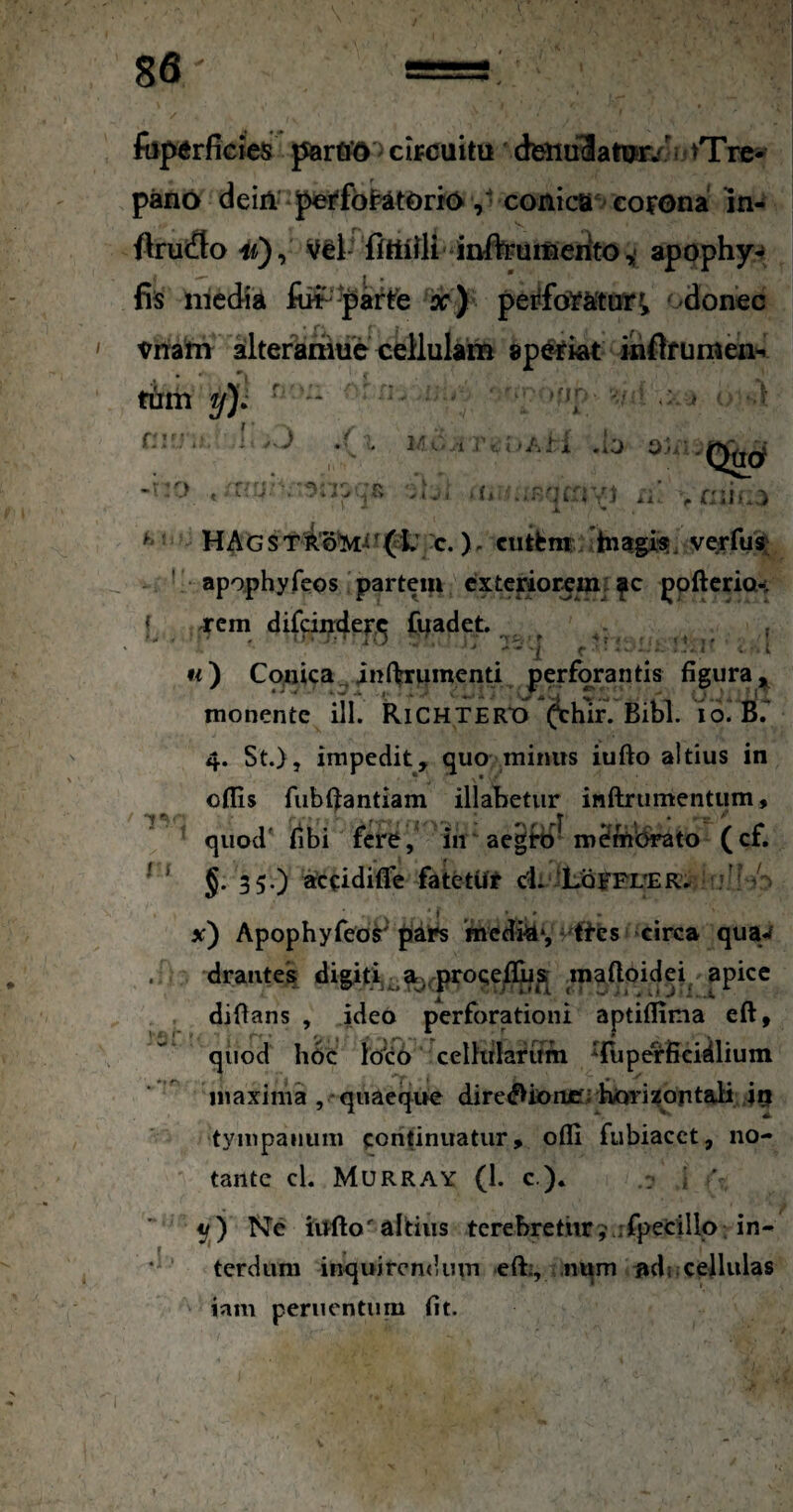 fopdrfiGtes circuitu ctettu^atiwv-i tTre^^ pano deiU’ perfbt^tOriOconica corona in- ftruiflo V€i- iittirti inftFumenW,- apophy*» fis niedia finP-partfe ar) perforator^ 'donec tnafn alteramue c^lulam ap^iat infirumen'^ HAg s t^('1' c. ), cutfcra ;tnagi-?. ve^rfuf * apophyfcos partem exteriorem; pofterio-; I ^cm difeip^er^ fi^adet. ^ ^ «) Conica^ in(^mnenti j)erforantis figura 3,^ monente ili. RichterX) <^hir. Bibi. 10. B.' 4. St.), impedit, quo minus iufto altius in / f odis fubfiantiam illabetur inftrumentum, quod' iibi fere, in ae^ffi'mdrbbrato (cf. J. 35.) accidiffe fatetUr d. 'LqFPUer. x') ApophyfeoV paiPs 'inedia*, . . draiites digite i, mafioidei apice difians , ideo perforationi aptiflima eft, qiiod hOc loc6 celhtiafum '{uperfieidlium maxima , -quaeque dire^^ionjcr; hiorizoritaii .jg tympanum fontinuatiir, ofli fiibiacct, no¬ tante cL Murray (I. c ). : ; ' y ) Ne iUrfto'altilis terebretur,\ifpecillo; in¬ terdum inquirendum eft;, nqm ^di celliilas iam peruentura fit.