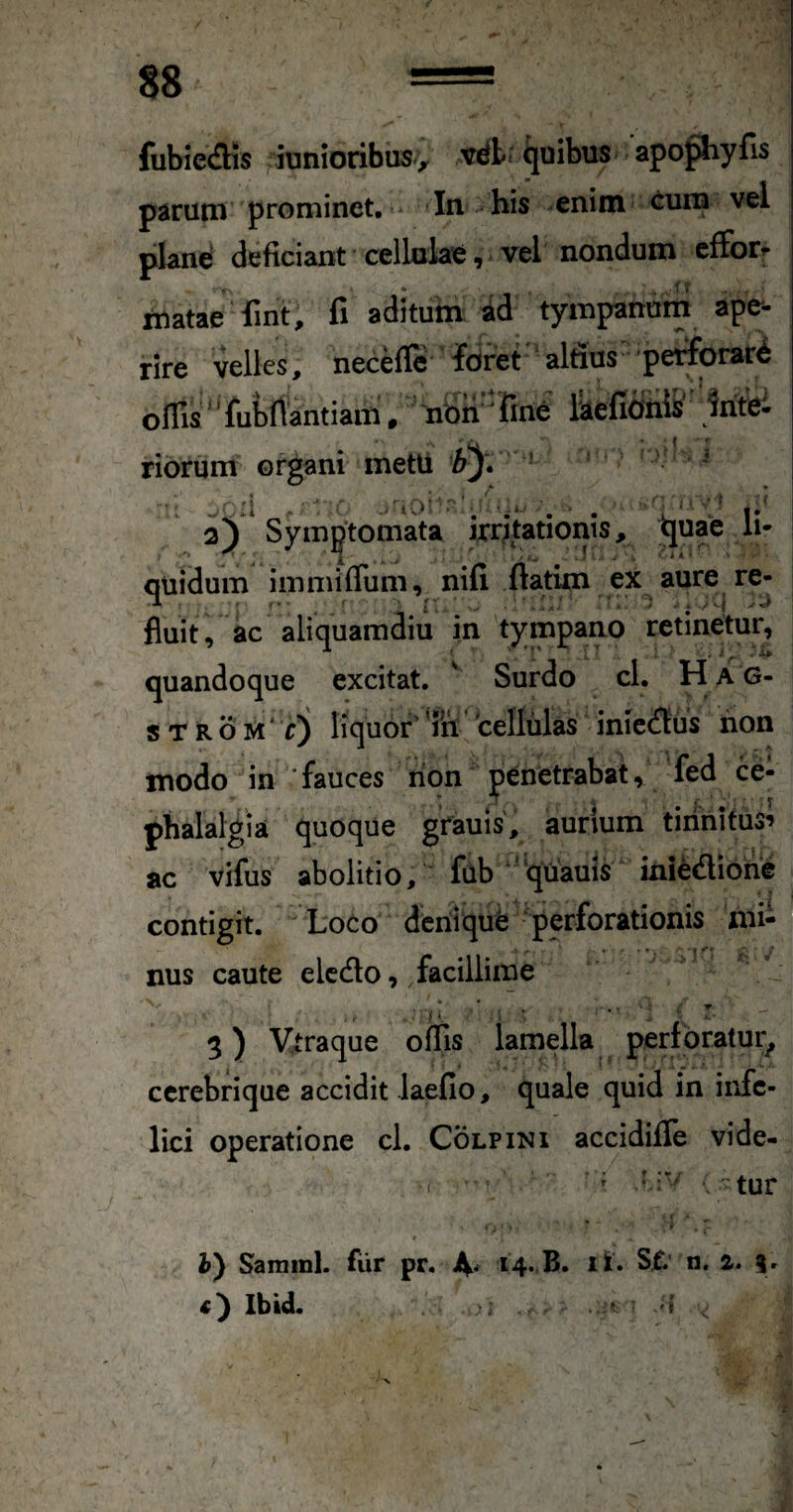 fubiedUs ivinioribus> vdt< quibus apoj^yfis parum prominet. In his enim cura vel pland deficiant cellulae, vel nondum effor^ inatae fint, fi aditutn id tympanum ape¬ rire velles, necefle ’ fdret ‘ altius' ’ perforard oflis'Tubrtantiam / 'nbn^frne' IkefidiilS !ritei ribrum organi inetli ’ aV Symptomata irrjktionis, |5[uae li- quidum immiflum, nifi ftatim ex aure re- fluit, ac aliquamdiu in tympano retinetur^ quandoque excitat. ' Surdo cl. Ha g- s T Ro M‘ f) liquor’ fh 'cellulas inlccSus hon modo in 'fauces rion penetrabatfed ce¬ phalalgia quoque grauls, aurium tiiihitus^ ac vifus abolitio, fQb ''quauis iniediohe contigit. Loco dcriiqud perforationis mi¬ nus caute elcdlo, facillime 5) Vtraque offis lamella perforatur^ ccrebrique accidit laefio, quale quid in infe¬ lici operatione cl. Colpini accidiffe vide- ' ' -tur i) Samml. fiir pr. 14., B. ii. Sf. n. a. |r <) Ibid. '» y