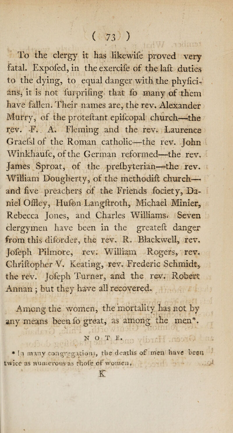 * i ■ * ■ V • ‘V ; To the clergy it has likewife proved very fatal. Expofed, in the exercife of the laft duties to the dying, to equal danger with the phyfici- ans> it is not furprifing that fo many of them have fallen. Their names are, the rev. Alexander Murry, of the proteftant epifcopal church—-the rev. F.. A. Fleming and the rev. Laurence Graefsl of the Roman catholic—the rev. John Winkhaufe, of the German reformed—the rev, James Sproat, of the prefbyterian—the rev. •* William Dougherty, of the methodift church'— and five preachers of the Friends fociety, Da¬ niel Offley, Hufon Langftroth, Michael Minier, Rebecca Jones, and Charles Williams, Seven clergymen have been in the greatelt danger from this ciiforder, the rev. R. Blackwell, rev. Jofeph Pilmore, rev. William Rogers, rev. Chriftopher V. Keating, rev. Frederic Schmidt* the rev. Jofeph Turner, and the rev. Robert Annan ; but they have all recovered. Among the women, the 'mortality has not by any means been fo great, as among the men*. NOTE. * la many congregations, the deaths of men have been » *0 *, o . - twice as numerous as rhofe of women, K
