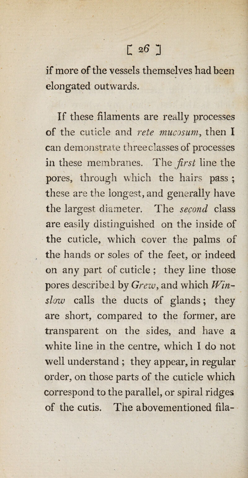 if more of the vessels themselves had been elongated outwards, * If these filaments are really processes of the cuticle and rete mucosum, then I can demonstrate three classes of processes in these membranes. The first line the pores, through which the hairs pass ; these are the longest, and generally have the largest diameter. The second class are easily distinguished on the inside of the cuticle, which cover the palms of the hands or soles of the feet, or indeed on any part of cuticle ; they line those pores described by Grew, and which Win¬ slow calls the ducts of glands; they are short, compared to the former, are transparent on the sides, and have a white line in the centre, which I do not well understand ; they appear, in regular order, on those parts of the cuticle which correspond to the parallel, or spiral ridges of the cutis. The abovementioned fila-