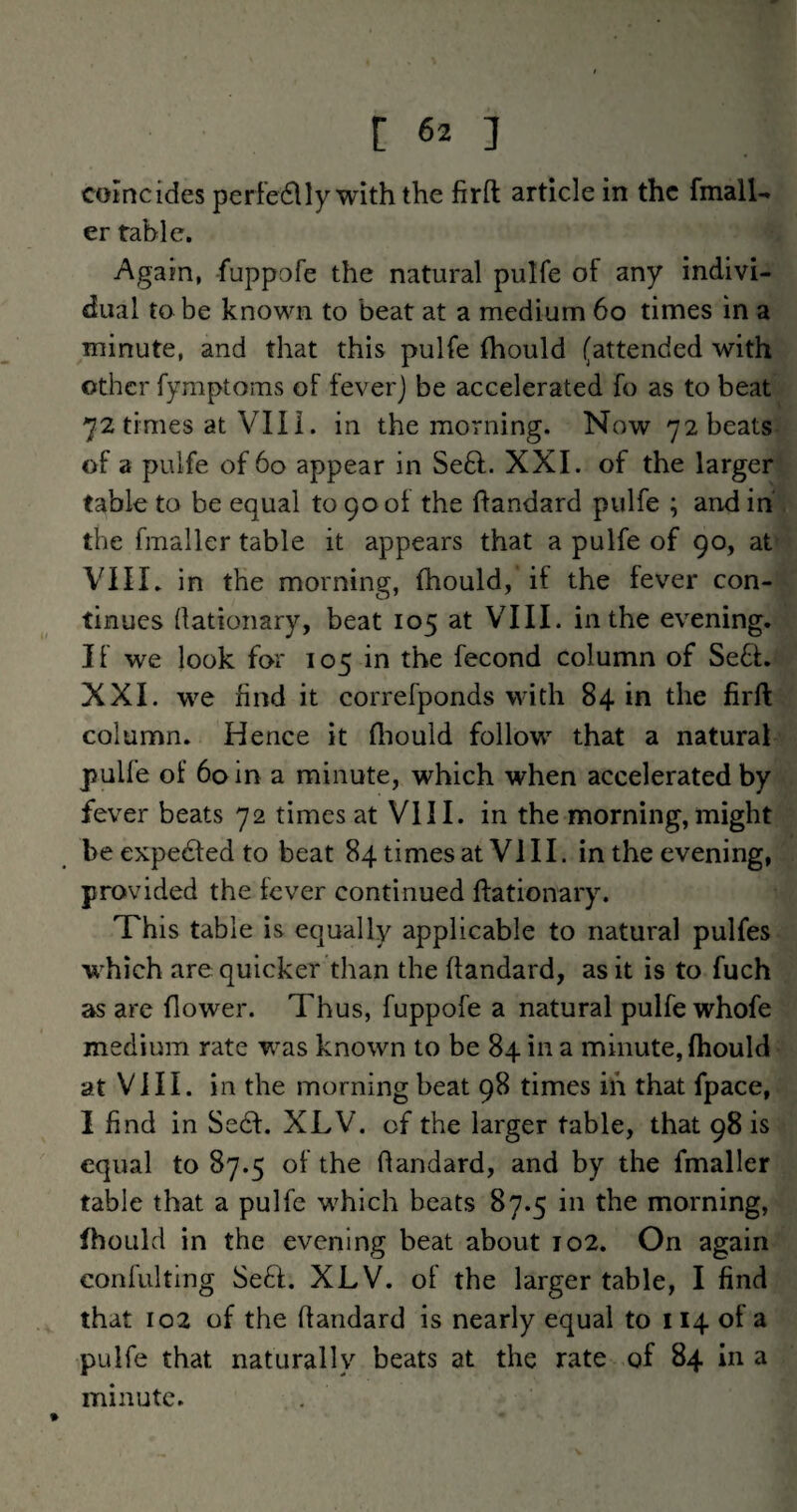 coincides perfedlly with the firft article in the fmall- er table. Again, fuppofe the natural pulfe of any indivi¬ dual to be known to beat at a medium 6o times in a minute, and that this pulfe fhould (attended with other fymptoms of feverj be accelerated fo as to beat 72 times at Vlli. in the morning. Now 72 beats of a pulfe of 60 appear in Se£f. XXL of the larger table to be equal to 90 of the ftandard pulfe ; and in the fmaller table it appears that a pulfe of 90, at VIIL in the morning, fhould,' if the fever con¬ tinues (lationary, beat 105 at VIII. in the evening. It we look for 105 in the fecond column of Se£f. XXL WQ find it correfponds with 84 in the firft column. Hence it ftiouid follow that a natural pulfe of 6a in a minute, which when accelerated by fever beats 72 times at VII1. in the morning, might beexpedfed to beat 84 times at VIIL in the evening, provided the fever continued ftationary. This table is equally applicable to natural pulfes which are quicker than the ftandard, as it is to fuch as are flower. Thus, fuppofe a natural pulfe whofe medium rate was known to be 84 in a minute, fhould at VlII. in the morning beat 98 times in that fpace, I find in Se6f. XLV. of the larger table, that 98 is equal to 87.5 of the ftandard, and by the fmaller table that a pulfe w'hich beats 87.5 in the morning, fhould in the evening beat about io2. On again conlulting Se6f. XLV. of the larger table, I find that 102 of the ftandard is nearly equal to 114 of a pulfe that naturally beats at the rate of 84 in a minute.