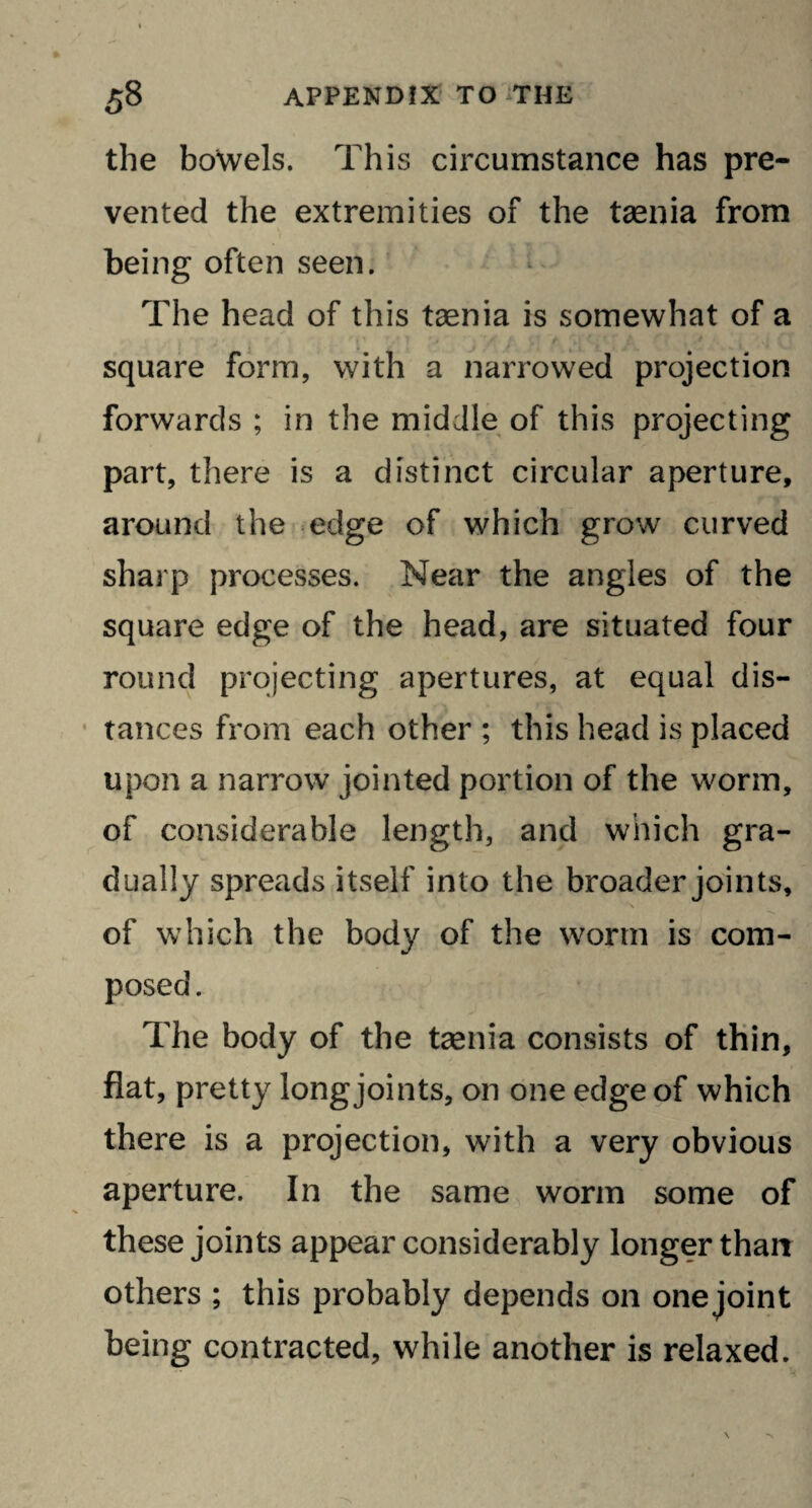 the bowels. This circumstance has pre¬ vented the extremities of the taenia from being often seen. The head of this taenia is somewhat of a square form, with a narrowed projection forwards ; in the middle of this projecting part, there is a distinct circular aperture, around the edge of which grow curved sharp processes. Near the angles of the square edge of the head, are situated four round projecting apertures, at equal dis¬ tances from each other ; this head is placed upon a narrow jointed portion of the worm, of considerable length, and which gra¬ dually spreads itself into the broader joints, of which the body of the worm is com¬ posed . The body of the taenia consists of thin, flat, pretty long joints, on one edge of which there is a projection, with a very obvious aperture. In the same worm some of these joints appear considerably longer than others ; this probably depends on one joint being contracted, while another is relaxed.