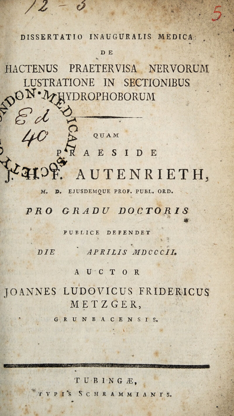 ■ ■ •' • ' T-' DISSERTATIO INAUGURALIS MEDICA DE V HACTENUS PRAETER VISA NERVORUM LUSTRATIONE IN SECTIONIBUS ^oH*ti^ydrophoborum ^ ^ —-r- j _ O ( quam 5, A E S I D E autenrieth, M, p. EJUSDEMgUE PROF. PUBL. ORD. PRO GRADU DOCTOR1S m PUBLICE DEFENDET r DIE ’ APRILIS MDCCCII. A U C T 0 R JOANNES LUDOVICUS FRIDERICUS METZGER, ’ GRUNBACENSIS. T U B I N G M, TYPI S S C H R A M M I A N T S.