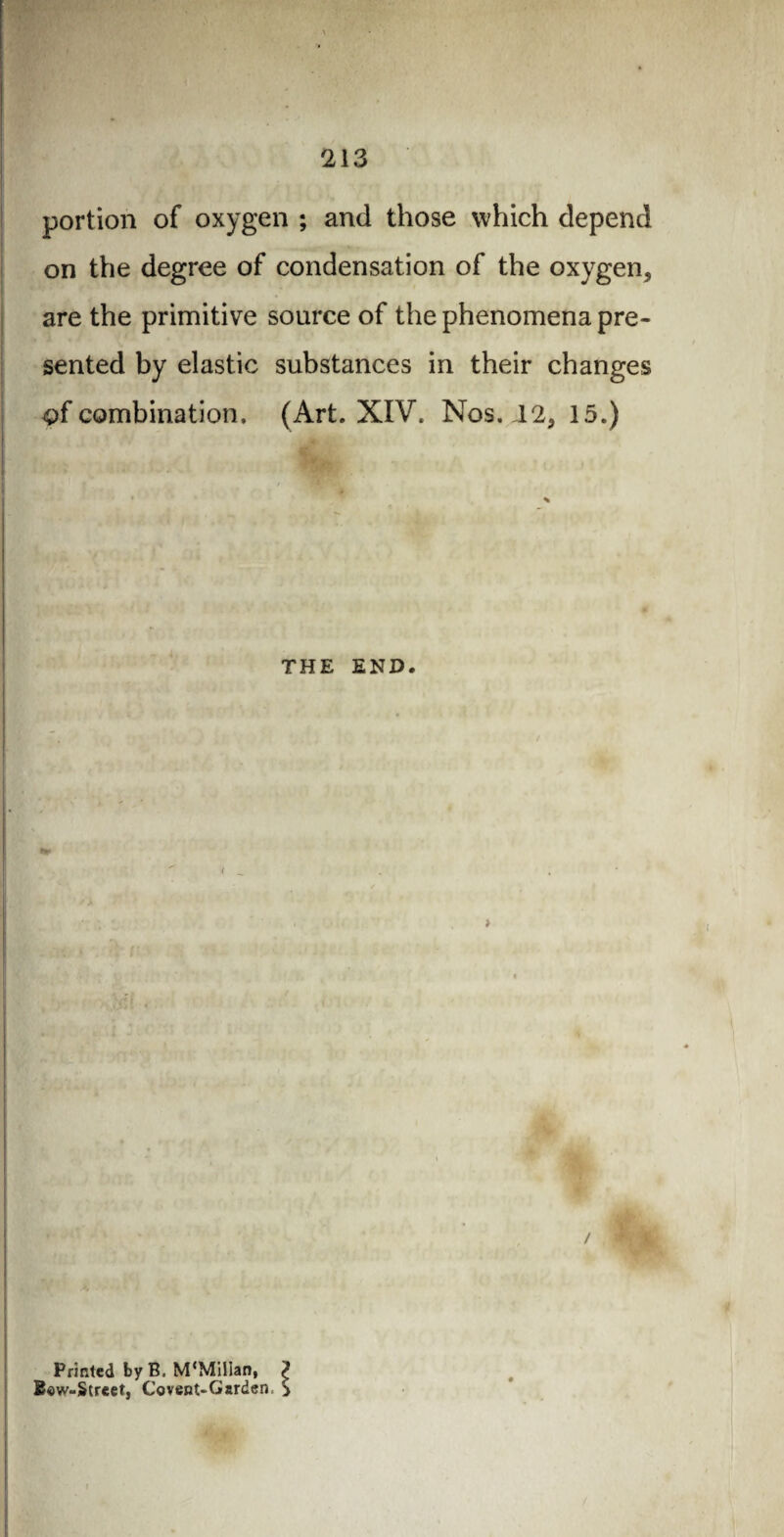 portion of oxygen ; and those which depend on the degree of condensation of the oxygen, are the primitive source of the phenomena pre¬ sented by elastic substances in their changes q( combination. (Art. XIV. Nos. 12, 15.) THE END. 1 Printed by B, M‘MilIan, Bow-Street, Covent-Garden, $