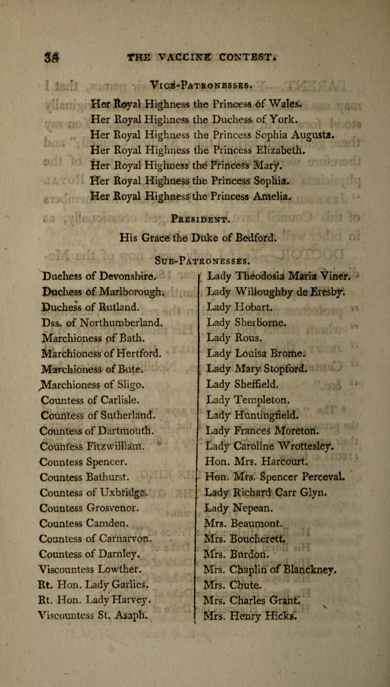 Vice-Patronesses. Pier Royal Highness the Princess of Wales. Her Royal Highness the Duchess of York. Her Royal Highness the Princess Sophia Augusta. Her Royal Highness the Princess Elizabeth. Her Royal Highness the Princess Mary. Her Royal Highness the Princess Sophia. Her Royal Highness the Princess Amelia. President. His Grace the Duke of Bedford. Sub-Patronesses. Lady Theodosia Maria Viner. Lady Willoughby de Eresby. Lady Hobart. Lady Sherborne. Lady Rous. Lady Louisa Brome. Lady Mary Stopford. Lady Sheffield. Lady Templeton. Lady Huntingfield. Lady Frances Moreton. Lady Caroline Wrottesley. Hon. Mrs. Harcourt. Hon. Mrs. Spencer Perceval. Lady Richard Carr Glyn. Lady Nepean. Mrs. Beaumont. Mrs. Boucherett. Mrs. Burdon. Mrs. Chaplin of Blanckney. Mrs. Chute. Mrs, Charles Grant. S Mrs. Henry Hicks. Duchess of Devonshire. Duchess of Marlborough. Duchess of Rutland. Dss. of Northumberland. Marchioness of Bath. Marchioness of Hertford. Marchioness of Bute. ^Marchioness of Sligo. Countess of Carlisle. Countess of Sutherland. Countess of Dartmouth. Countess FitzwiHiam. Countess Spencer. Countess Bathurst. Countess of Uxbridge. Countess Grosvenor. Countess Camden. Countess of Carnarvon. Countess of Darnley. Viscountess Lowther. Rt. Hon. Lady Garlies. Bt. Hon. Lady Harvey. Viscountess St. Asaph.