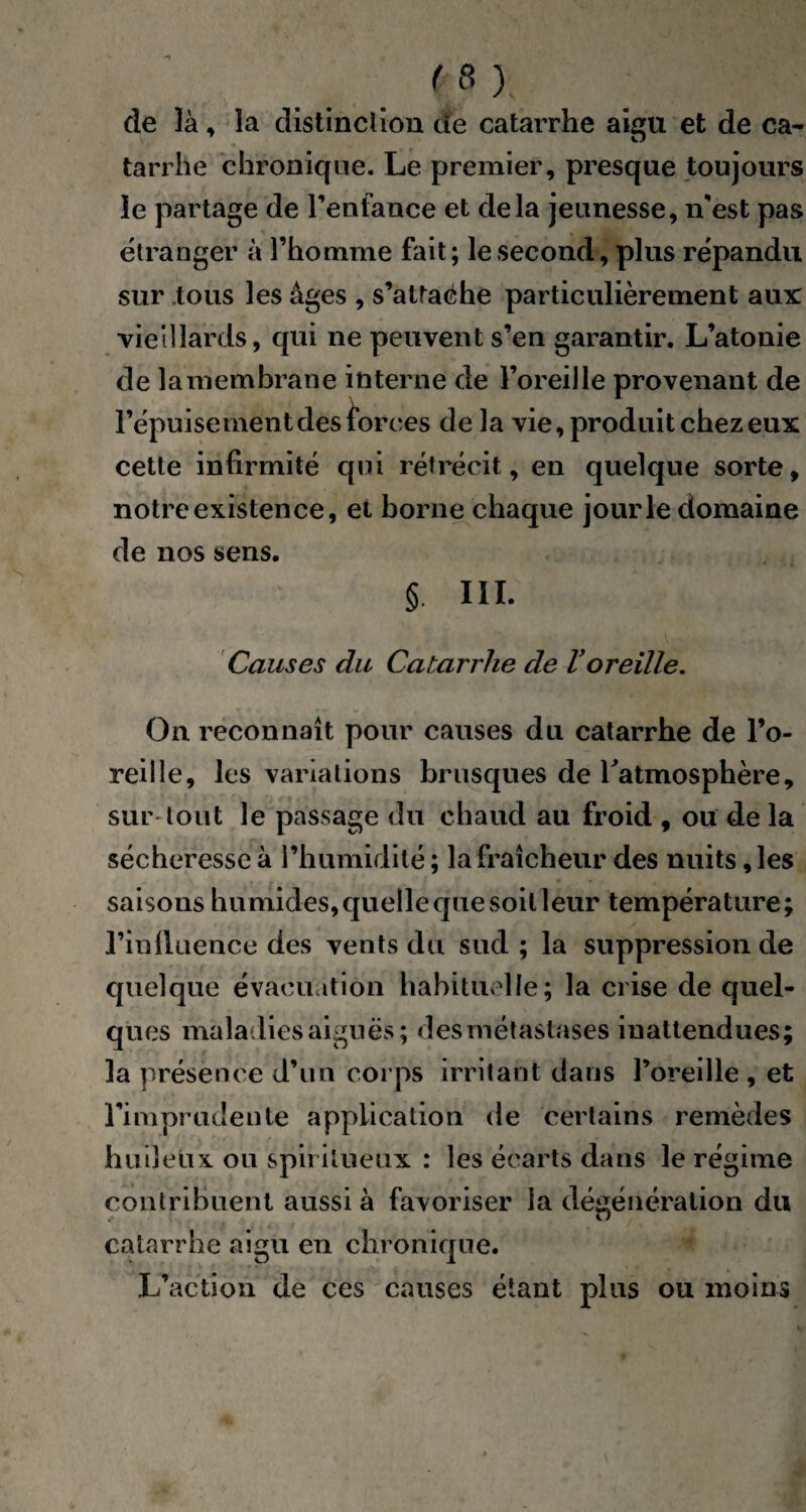 de là , la distinct ton de catarrhe aigu et de ca¬ tarrhe chronique. Le premier, presque toujours le partage de l'enfance et delà jeunesse, n'est pas étranger à l’homme fait; le second, plus répandu sur tous les âges , s’attache particulièrement aux vieillards, qui ne peuvent s’en garantir. L’atonie de la membrane interne de l’oreille provenant de l’épuisement des forces de la vie, produit chez eux cette infirmité qui rétrécit, en quelque sorte, notre existence, et borne chaque jour le domaine de nos sens. § III. Causes du Catarrhe de Voreille. On reconnaît pour causes du catarrhe de l’o¬ reille, les variations brusques de l'atmosphère, sur tout le passage du chaud au froid , ou de la sécheresse à l’humidité ; la fraîcheur des nuits, les saisons humides, quelle que soit leur température; l’in fluence des vents du sud ; la suppression de quelque évacuation habituelle; la crise de quel¬ ques maladies aiguës; desmétastases inattendues; la présence d’un corps irritant dans l’oreille, et l’imprudente application de certains remèdes huileux ou spiritueux : les écarts dans le régime contribuent aussi à favoriser la dégénération du catarrhe aigu en chronique. L’action de ces causes étant plus ou moins