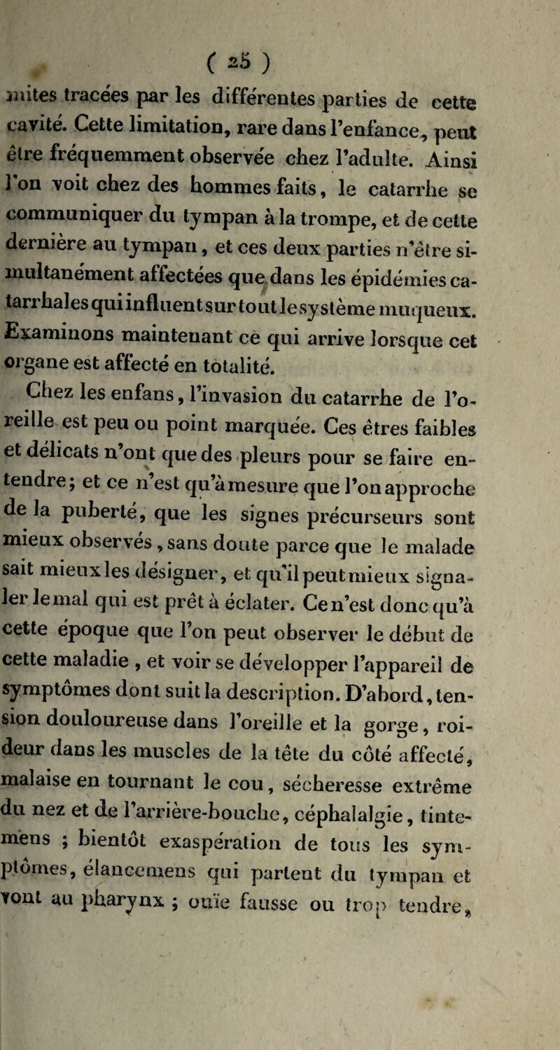 mites tracées par les differentes parties de cette cavité. Cette limitation, rare dans l’enfance, peut être fréquemment observée chez l’adalte. Ainsi 1 on voit chez des hommes faits, le catarrhe se communiquer du tympan à la trompe, et de cette dernière au tympan, et ces deux parties n’être si¬ multanément affectées que dans les épidémies ca- tan haies qui influent sur tout le système muqueux. Examinons maintenant ce qui arrive lorsque cet organe est affecté en totalité. Chez les enfans, 1 invasion du catarrhe de l’o¬ reille est peu ou point marquée. Ces êtres faibles et délicats n’on t que des pleurs pour se faire en» tendre; et ce il est qu à mesure que l’on approche de la puberté, que les signes précurseurs sont mieux observés, sans doute parce que le malade sait mieux les désigner, et qu’il peut mieux signa¬ ler le mal qui est prêt a éclater. Ce n’est donc qu’à cette époque que l’on peut observer le début de cette maladie , et voir se développer l’appareil de symptômes dont suit la description. D’abord, ten¬ sion douloureuse dans l’oreille et la gorge, roi- deur dans les muscles de la tête du côté affecté, malaise en tournant le cou, sécheresse extrême du nez et de Tarnère-bouche, céphalalgie, tinte- mens ; bientôt exaspération de tous les sym- ptomes, elancemens qui parlent du tympan et vont au pharynx ; ouïe fausse ou trop tendre.