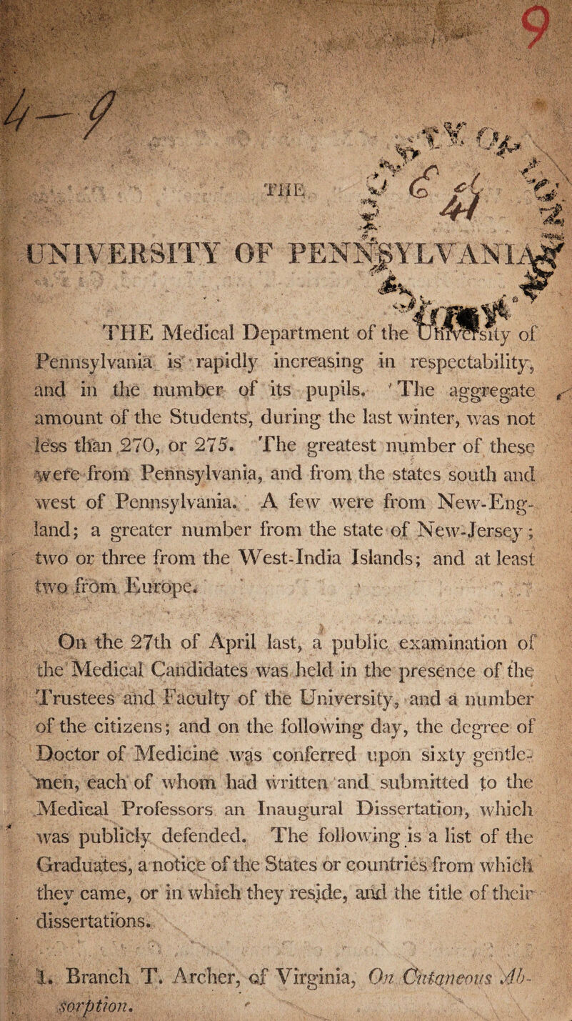 Pennsylvania is rapidly increasing in respectability, and in the number of its pupils. ' The aggregate amount of the Students, during the last winter, was not less than 270, or 275. The greatest number of these were from Pennsylvania, and from the states south and west of Pennsylvania. A few were from New-Eng- land; a greater number from the state of New-Jerseyr; two or three from the West-India Islands; and at least two from Europe. On the 27th of April last, a public examination of the Medical Candidates was held in the presence of the Trustees and Faculty of the University, and a number of the citizens; and on the following day, the degree of Doctor of Medicine wsis conferred upon sixty gentle¬ men, each of whom had written and submitted to the Medical Professors an Inaugural Dissertation, which was publicly defended. The following is a list of the Graduates, a notice of the States or countries from which, they came, or in which they reside, and the title of their ■ dissertations. 1. Branch T. Archer, of Virginia, On Cutaneous Ab¬ sorption. '