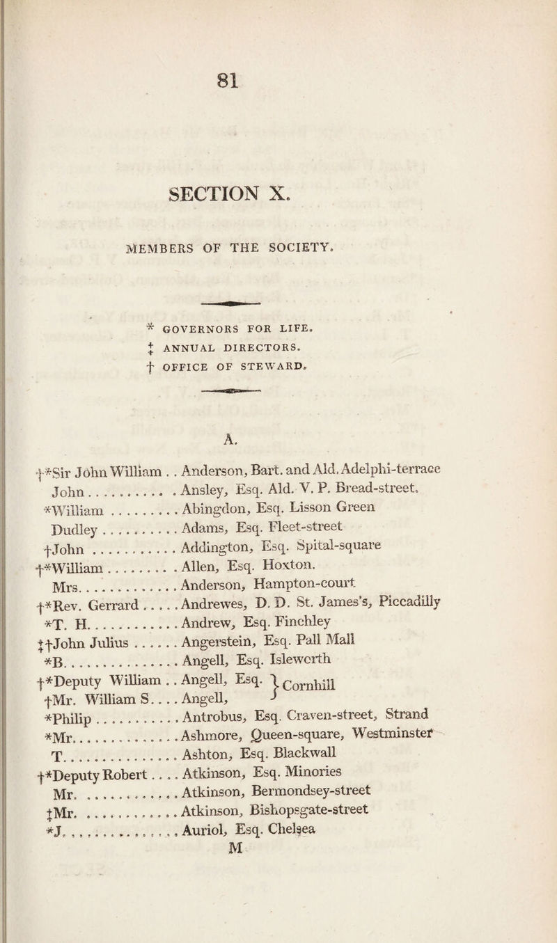 SECTION X. MEMBERS OF THE SOCIETY. * GOVERNORS FOR LIFE. + ANNUAL DIRECTORS, f OFFICE OF STEWARD, A. f *Sir John William . . Anderson, Bart, and Aid. Adelplii-terrace John...Ansley, Esq. Aid. V. P. Bread-street. ^William.. Abingdon, Esq. Lisson Green Dudley .......... Adams, Esq. Fleet-street qjohn .Addington, Esq. Spital-square q^William.. . Allen, Esq. Hoxton. Mrs.. Anderson, Hampton-court f*Rev. Gerrard.Andrewes, D. D. St. James’s, Piccadilly *x. H.. Andrew, Esq. Finchley If John Julius ...... Angerstein, Esq. Pall Mall *B.Angell, Esq. Islewcrth f ^Deputy William . . Angell, Esq. \ Co^nMU fMr. William S,. .. Angell, ^ ■^ptiilip ........... Antrobus, Esq. Craven-street, Strand *Mr.............. Ashmore, Queen-square, Westminstei* - X........ ..Ashton, Esq. Blackwall f^Deputy Robert.... Atkinson, Esq. Minories Mr.. Atkinson, Bermondsey-street |Mr. ... Atkinson, Bishopsgate-street *J, ..... Auriol, Esq. Chelsea M